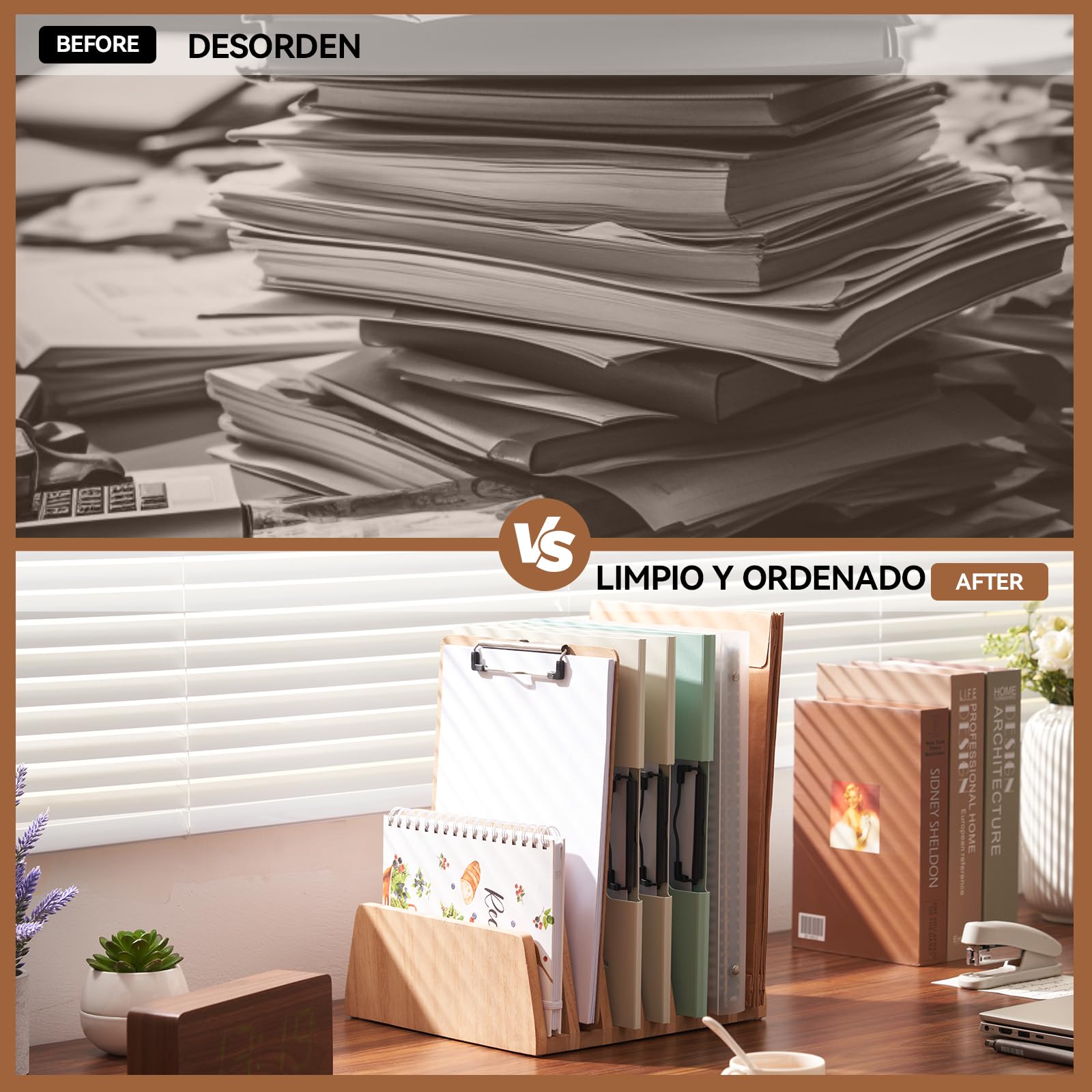 KIRIGEN Archivador Madera, Organizador Escritorio, 7 Ranuras, Natural | Madera maciza de paulownia, 26,3 x 25,2 x 18 cm; artesanal, acabado con aceite vegetal, montado y con bases antideslizantes