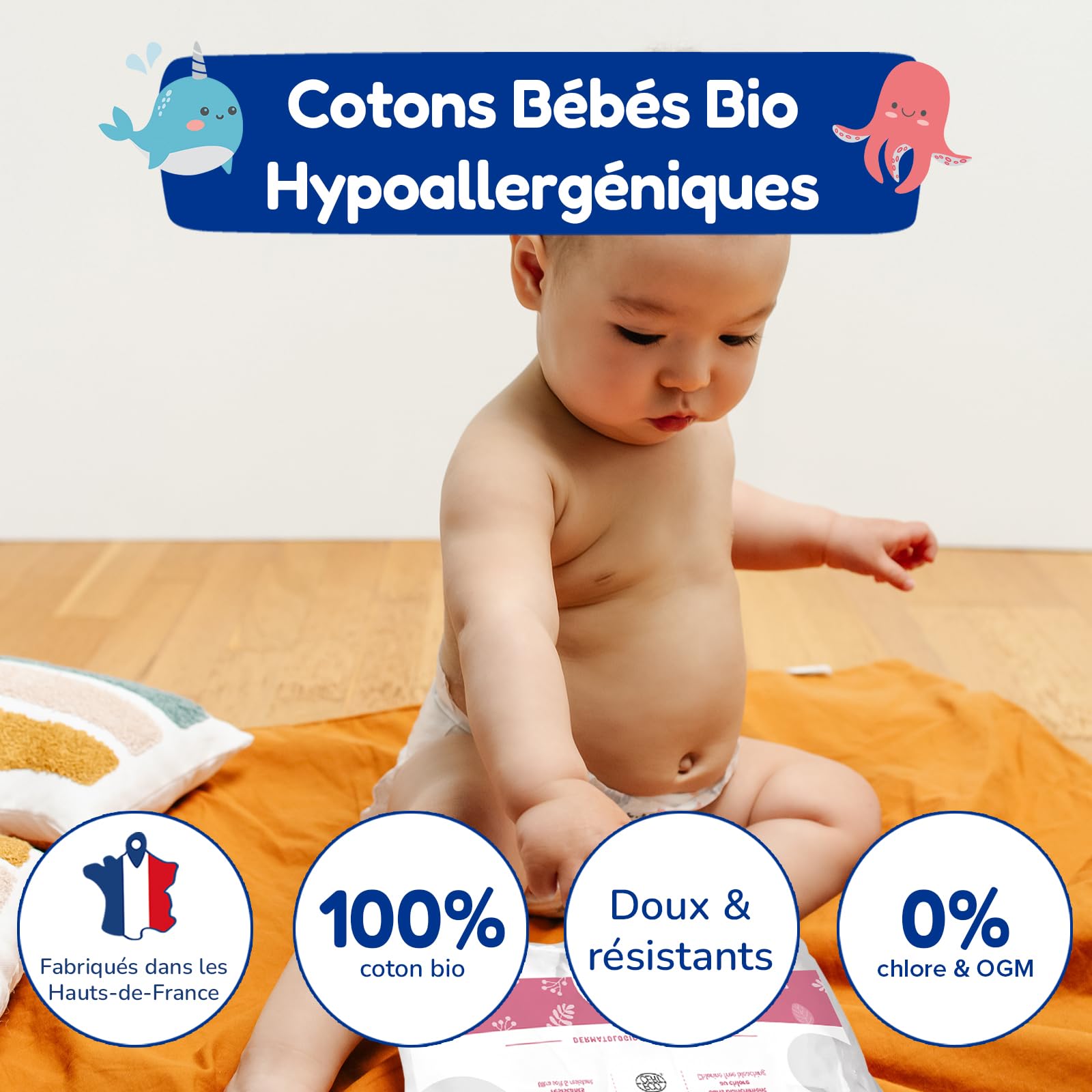 CARRYBOO - Cuadrados de algodón para bebé, 100% orgánico, pieles normales y sensibles, juego de 6 unidades, ultra suaves y resistentes, hipoalergénicas, blanqueadas sin cloro, para toda la familia