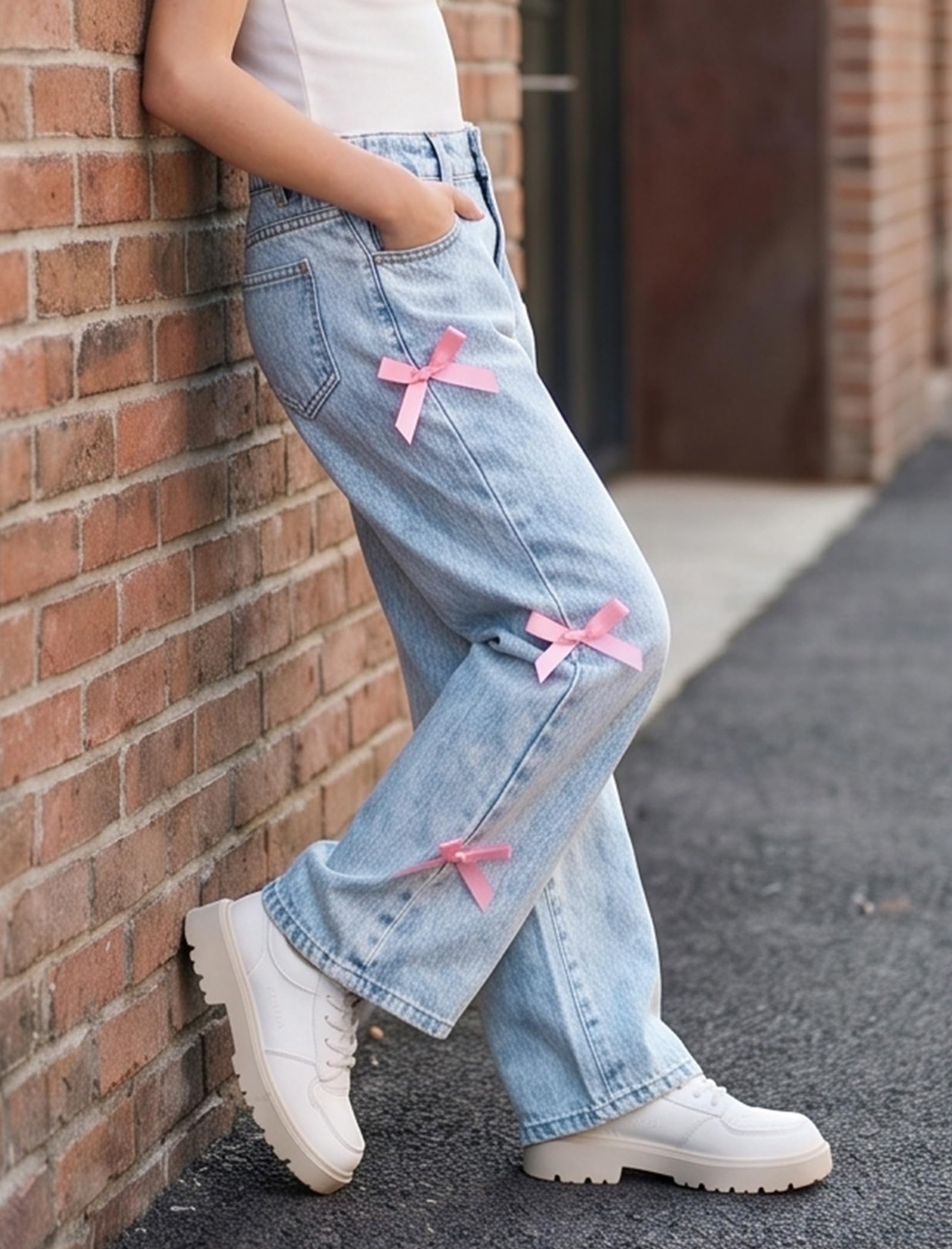 IBTOM CASTLE Baggy-Jeans für Mädchen, weites Bein, hohe Taille, süße Schleife, Denim, Y2K-Hose, trendig, lässig, Schule, Streetwear, 8–14 Jahre