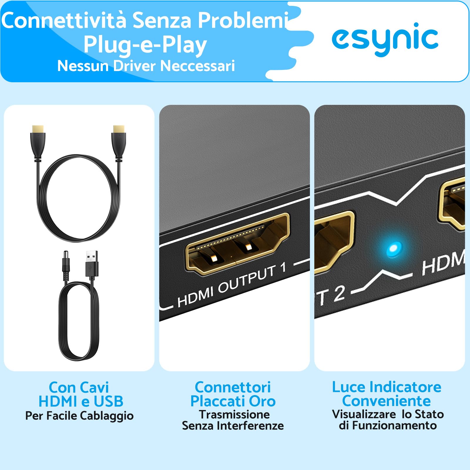 eSynic HDMI Splitter 1 In 4 Out 4K@30HZ 3D con 1m Cavo HDMI 4 Vie Splitter HDMI Supporta HDCP 1.4 Bypass 1X4 Splitter HDMI Involucro in Metallo per Fire Stick Console Blu-ray