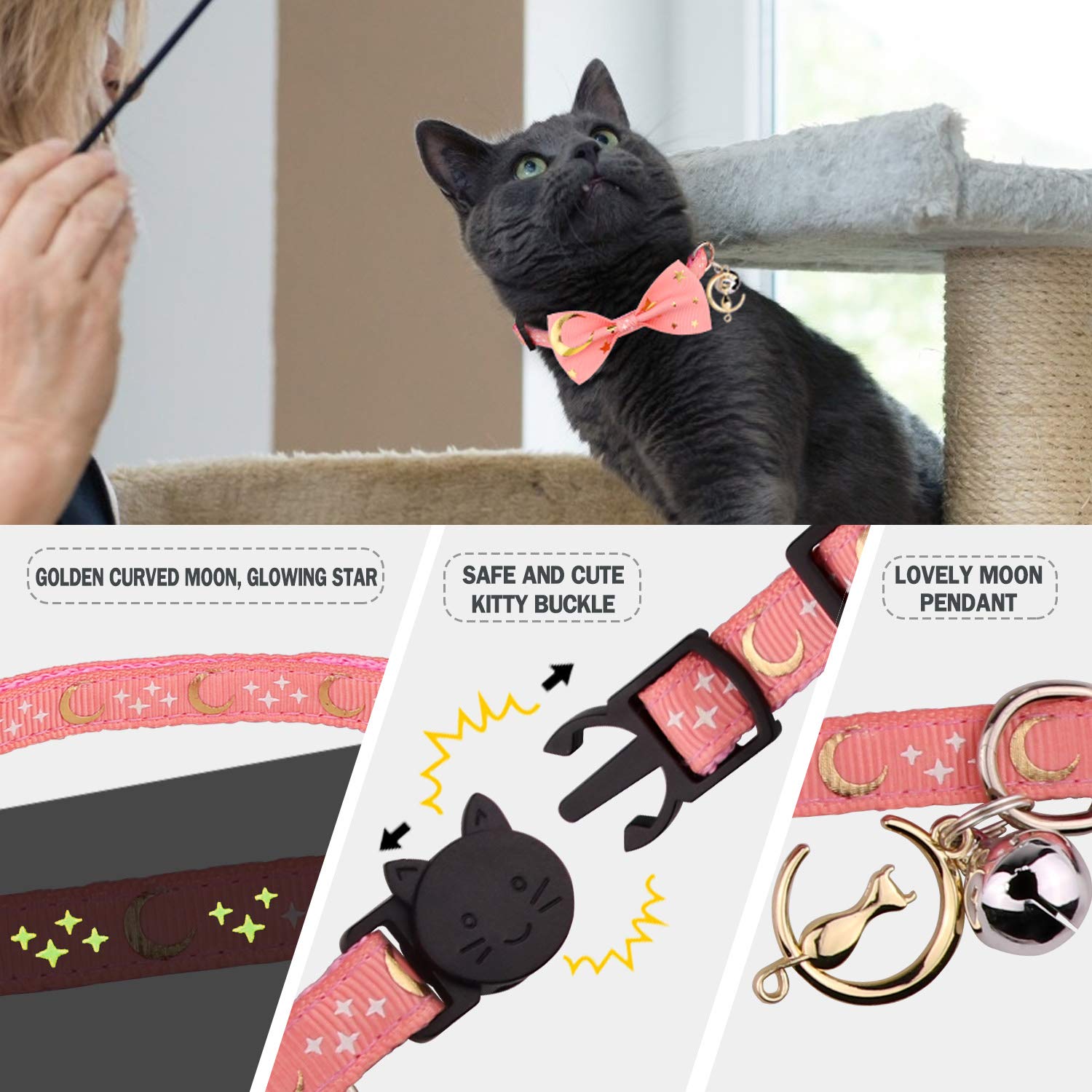 Katzenhalsband, mit Fliege und Glöckchen, glitzernder Mond, leuchtender Stern im Dunkeln, für Kätzchen, Schwarz und Rosa, 2 Stück