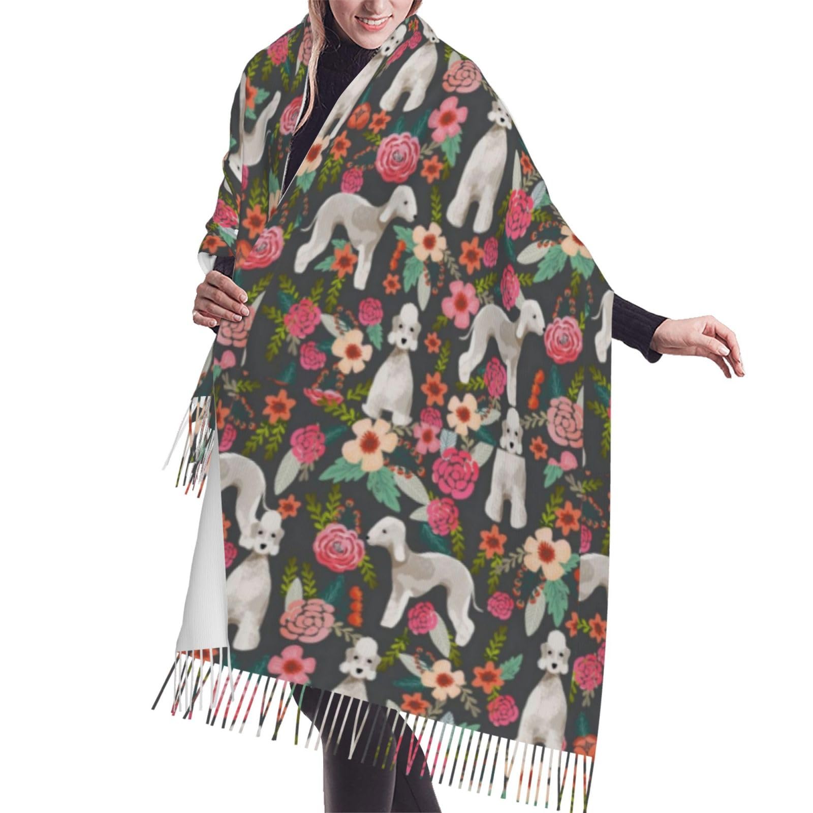 Gratka Unisex As Picture Scarf,Bedlington Terrier Florals Dog, Fringed Scarf Large Warm Soft Cashmere Feel Shawls Wraps 196X68 Cm