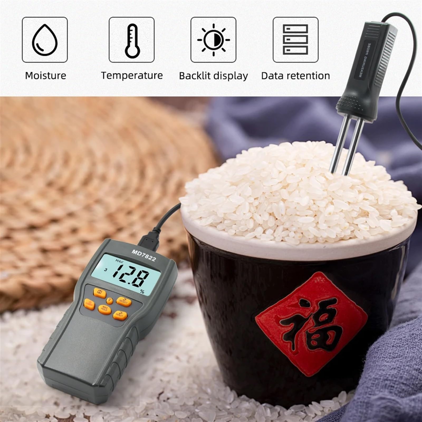 Misuratore di umidità digitale for cereali Termometro for alimenti Tester di umidità Analizzatore di igrometro a sonda lunga Tester for rilevatore di acqua for chicchi di riso,Giardino,Prato,Interno,