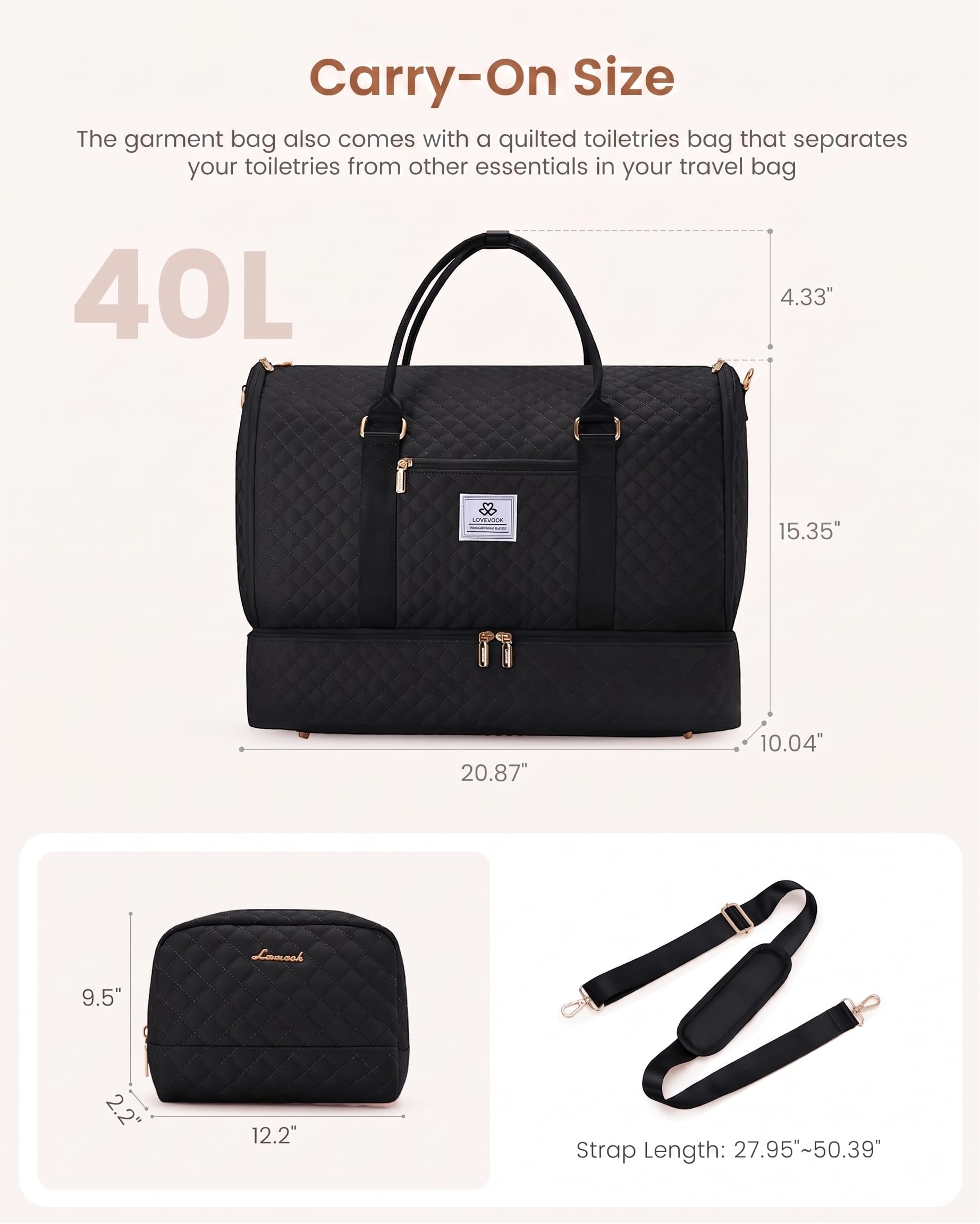 LOVEVOOK Borsa per vestiti convertibile da donna con borsa per scarpe, valigia 2 in 1 da appendere, borsa impermeabile con borsa da toilette, borsa da viaggio d'affari, matrimonio, nero, 53L-M-2Pcs