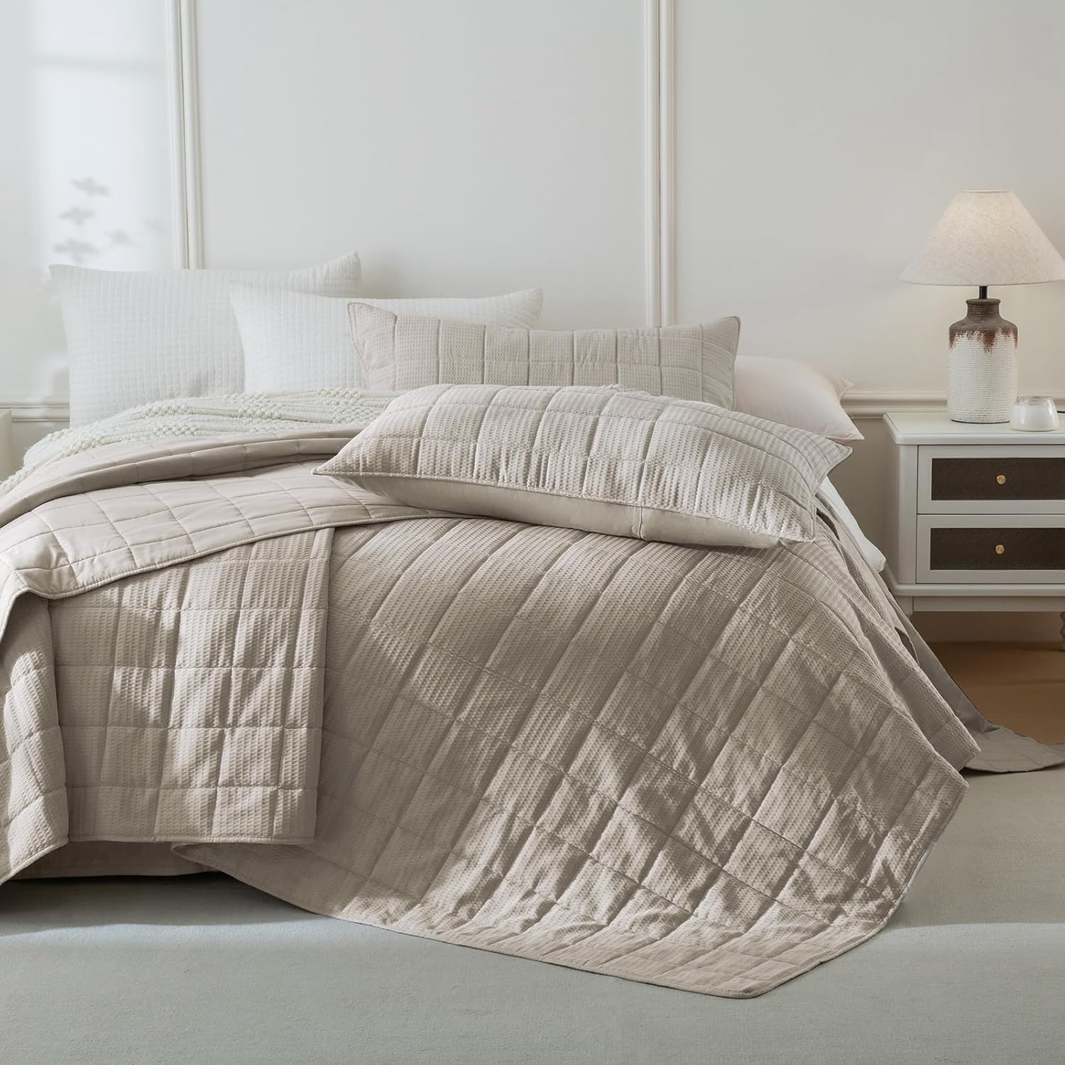 Masaca Oversized King Bedspread 120"x120",Waffle Weave Quilt Set 3Pcs Dark Khaki California King Quilt Bedding Set Oversized Lightweight Farmhouse Luxury Coverlet Extra Soft