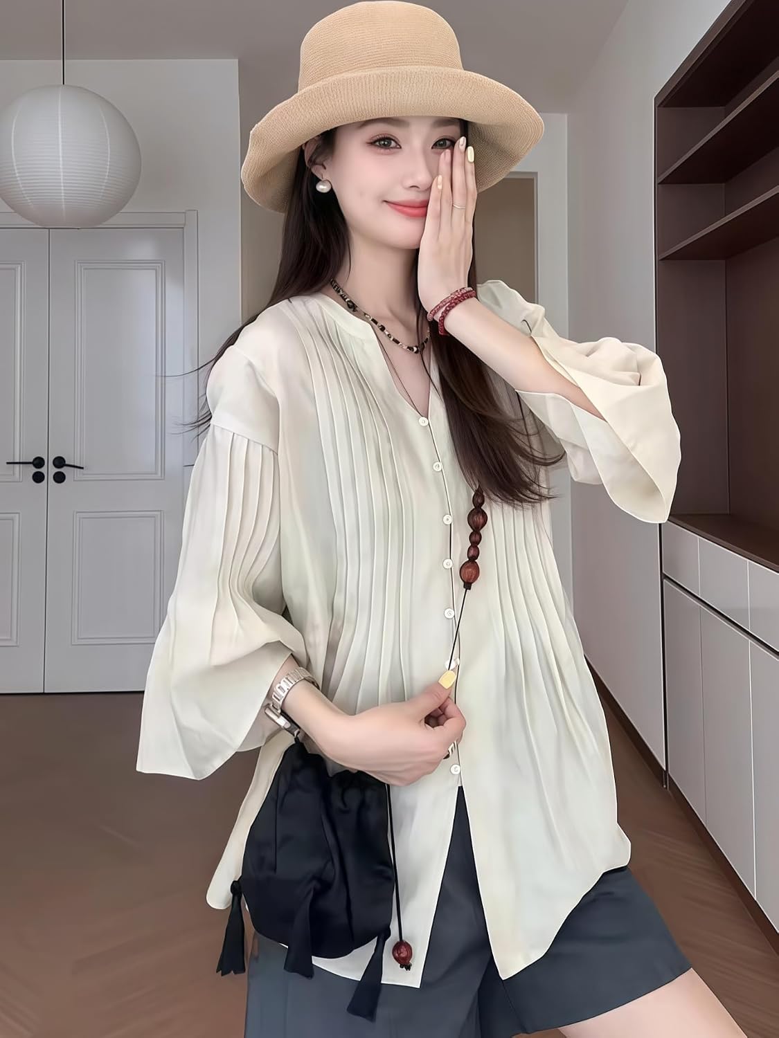 MAFSMJP Womens Long Sleeved Shirt Linen V-Neck Thin Summer Blouse for Women