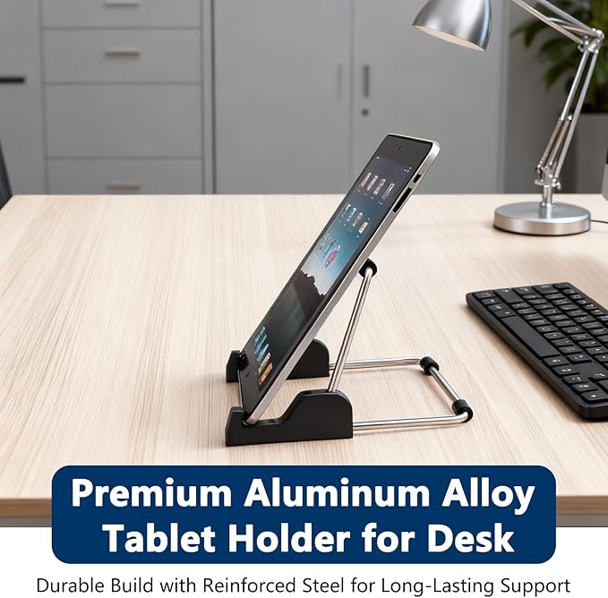 Soporte para tablet ajustable de escritorio de aluminio color plateado y negro miniatura 3