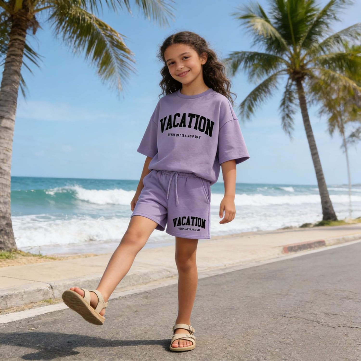 Size 6-12 Years Girl's Tracksuit Sets 2 Piece Outfits Letter Print Vacation Tee Top and Drawstring Waist Shorts - Image 4