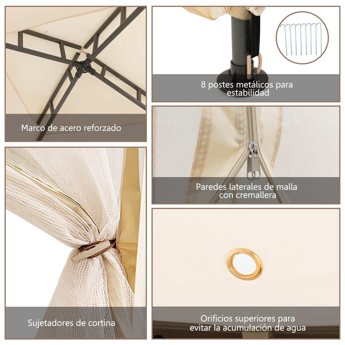 RELAX4LIFE Carpa 3x3m con Mosquitera, Tela Impermeable, Doble Techo, UPF 50+, Cortinas de Malla Extraíbles con Cremallera, Pergola de Jardín con Estacas de Tierra para Patio y Terraza (Beige)