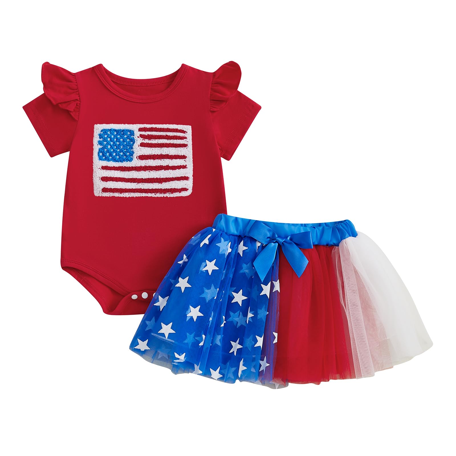 Finegoodwei Baby Girl 4th of July Outfits Short Sleeve Embroidery Romper + Bow Tulle Skirt Set Infant Clothes (Colorful, 0-3 Months)