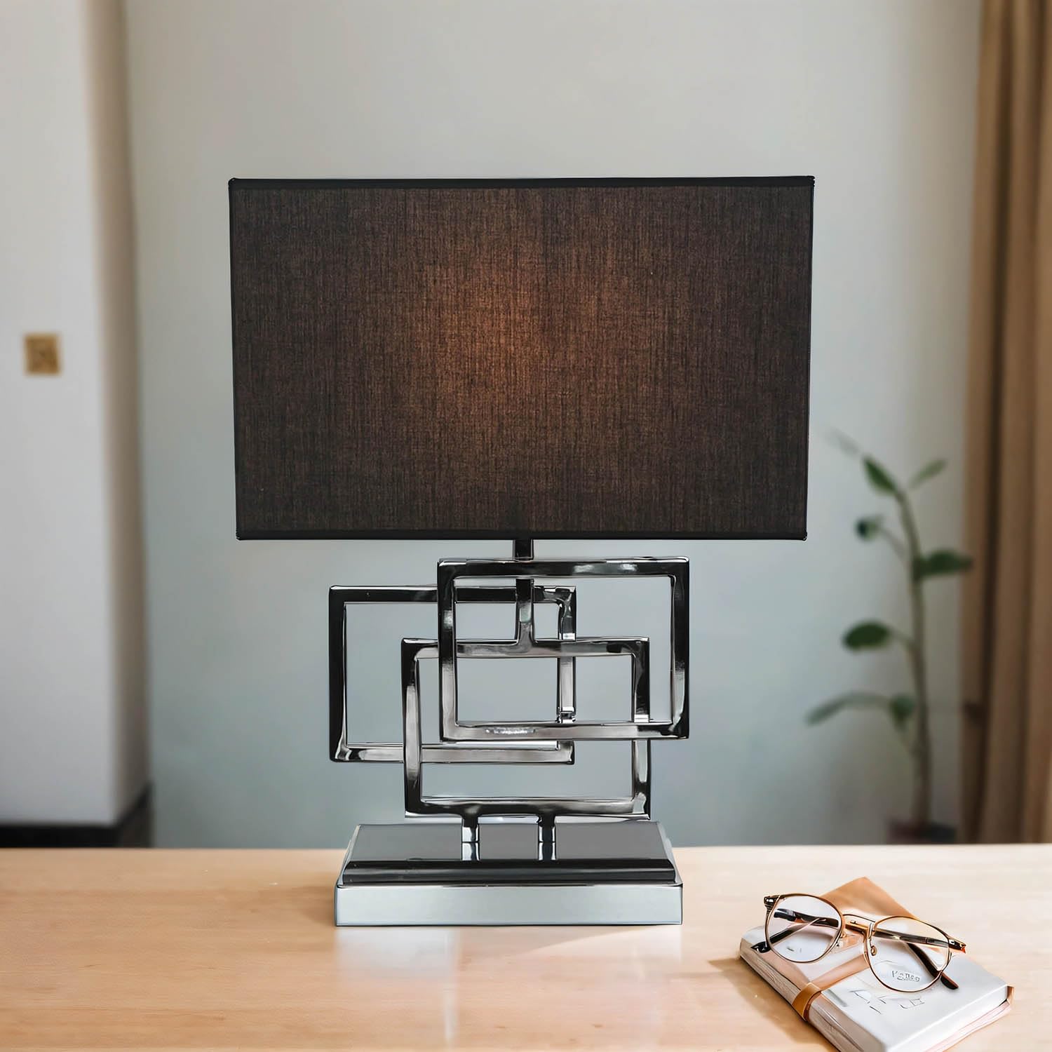 Kwadratowa lampa stołowa ze srebrno-czarnego metalu i tkaniny H: 49cm Nowoczesna lampka nocna oświetlenie otoczenia lampa stołowa jakość wnętrza