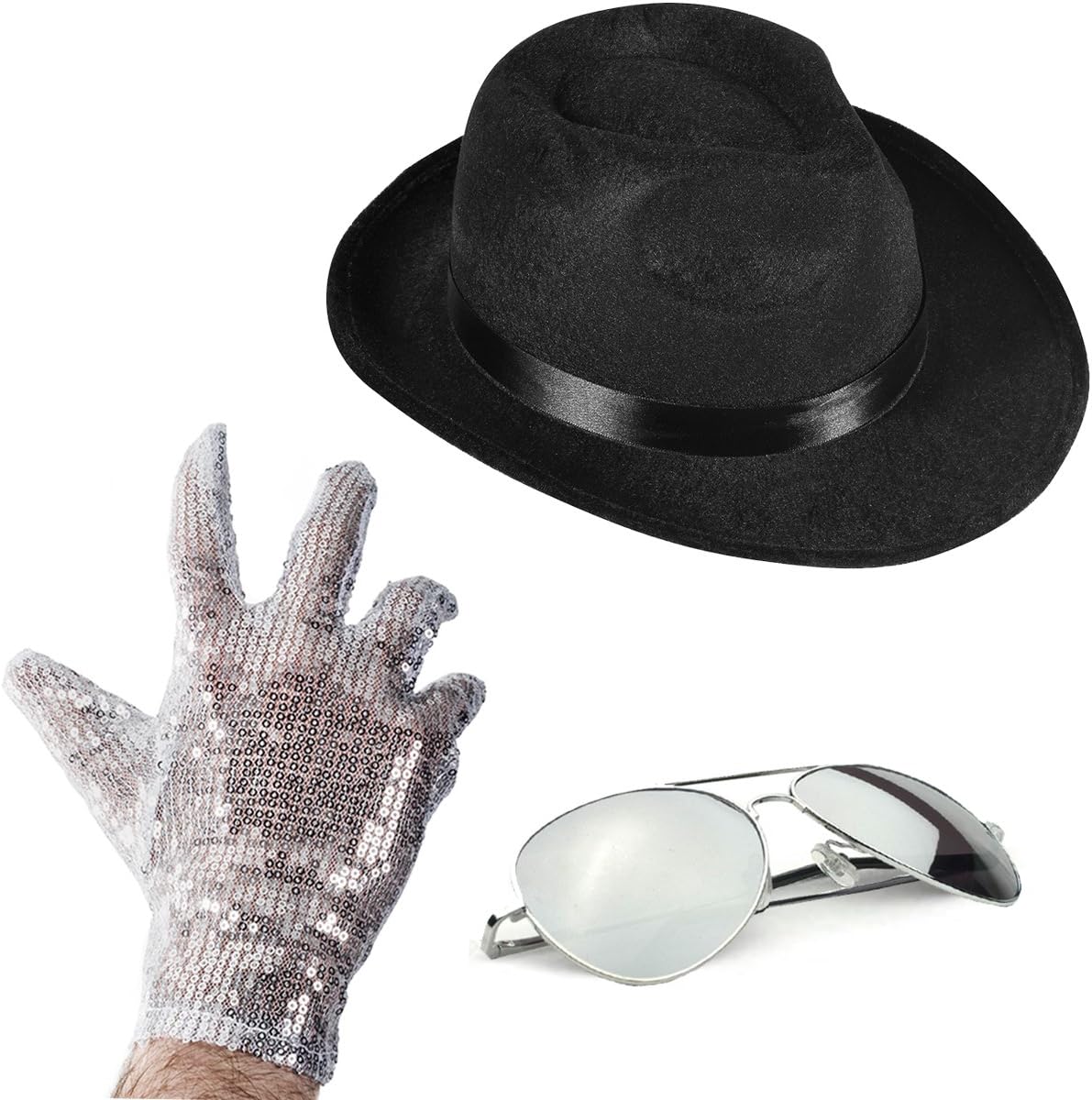 Funny Party Hats Set of 3 - Fedora Hat Sequin Glove and Sunglasses
