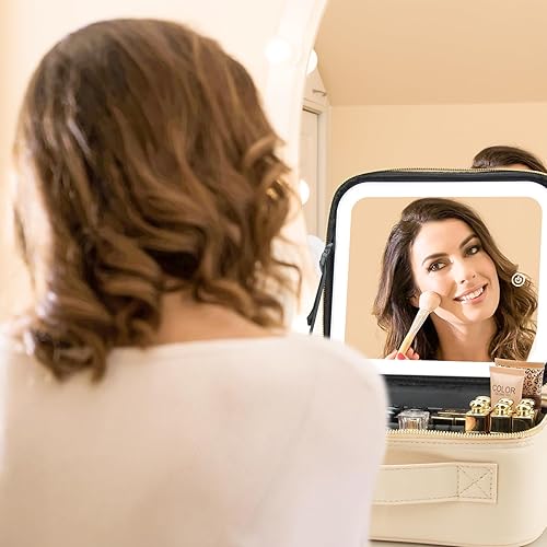 Vista 25 de Estuche de viaje de maquillaje con espejo luz LED 3 brillo ajustable, bolsa de cosméticos grande, almacenamiento portátil, partición ajustable, Roses