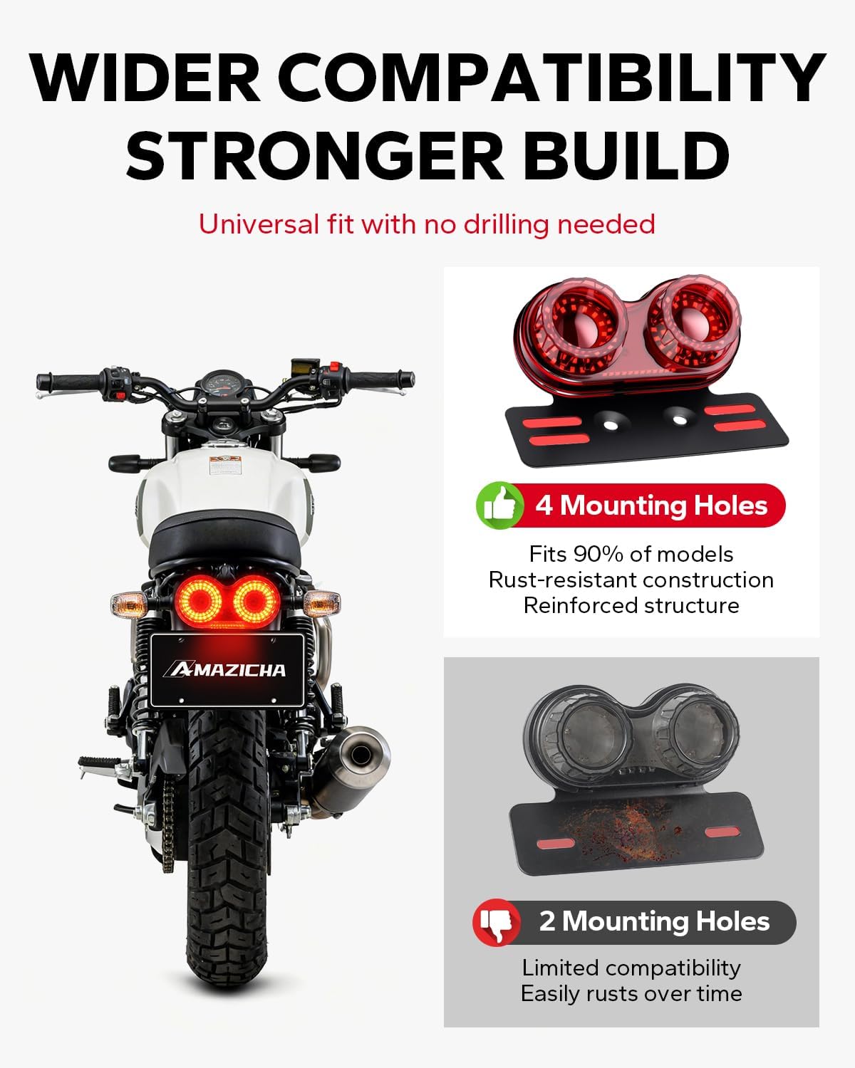 Amazicha Enhanced Motorcycle Tail Light, Motorcycle Brake Light, IP67 Waterproof Turn Signals Running Light with License Plate Bracket Fit for Street Bike Cruiser Chopper Bobber (Red, 90 Leds)
