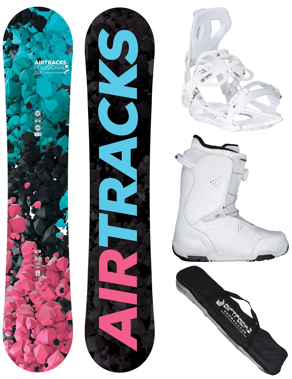 AIRTRACKS Snowboard Set Paquete Completo Tabla Polygonal Hybrid Rocker Mujer+Fijaciones Master+Botas+SB Bolsa Nuevo 138 144 148 154 cm
