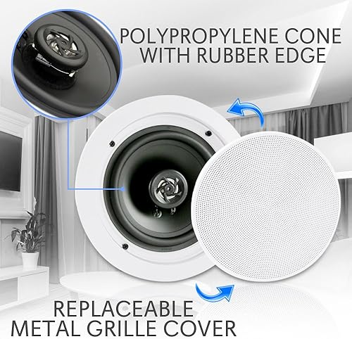 Miniatura 2 de Pyle Par de 8 pulgadas Bluetooth Montaje empotrado en pared en el techo de 2 vías Sistema de altavoces universales para el hogar Conos de resorte