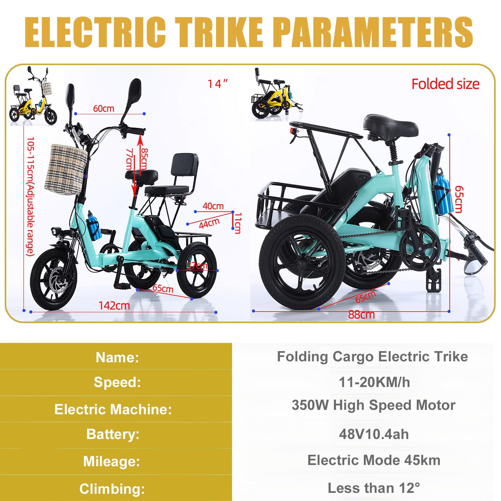 Nuovo Triciclo Elettrico per Adulti del 2025 - E-Bike Pieghevole A 3 Ruote con Display LCD, Carico di 180 kg E Autonomia di 45 Km, 3 modalità di Guida, Clacson, Luce A LED Yellow