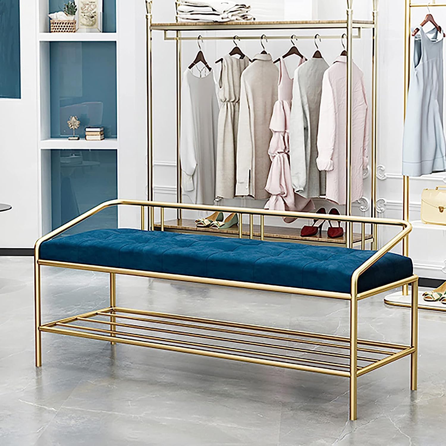 Banc à chaussures en métal bleu et velours de 100 cm pour l'entrée de maison