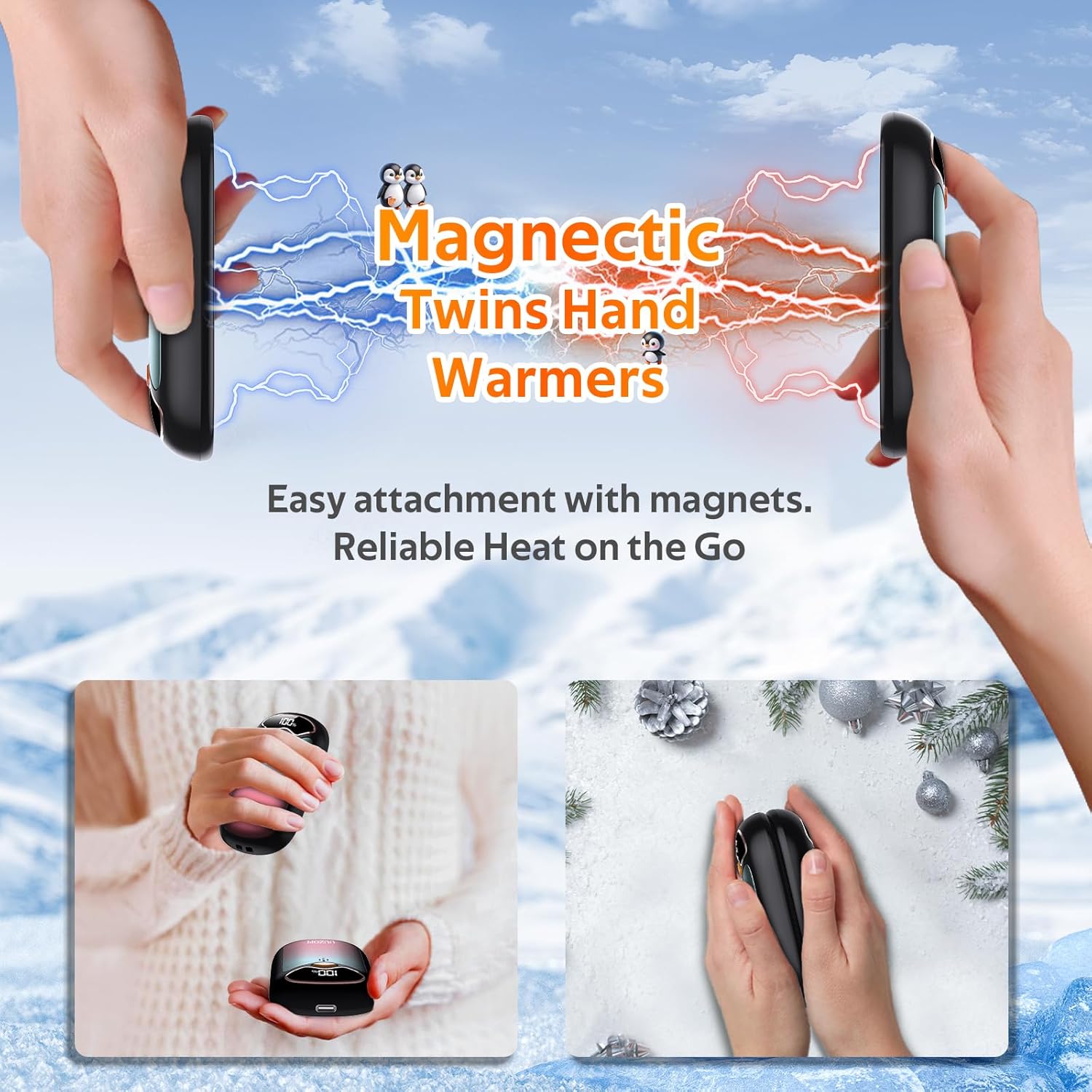 Two hands holding magnetic hand warmers, with blue and red lightning bolts illustrating the magnetic attraction between the two units.