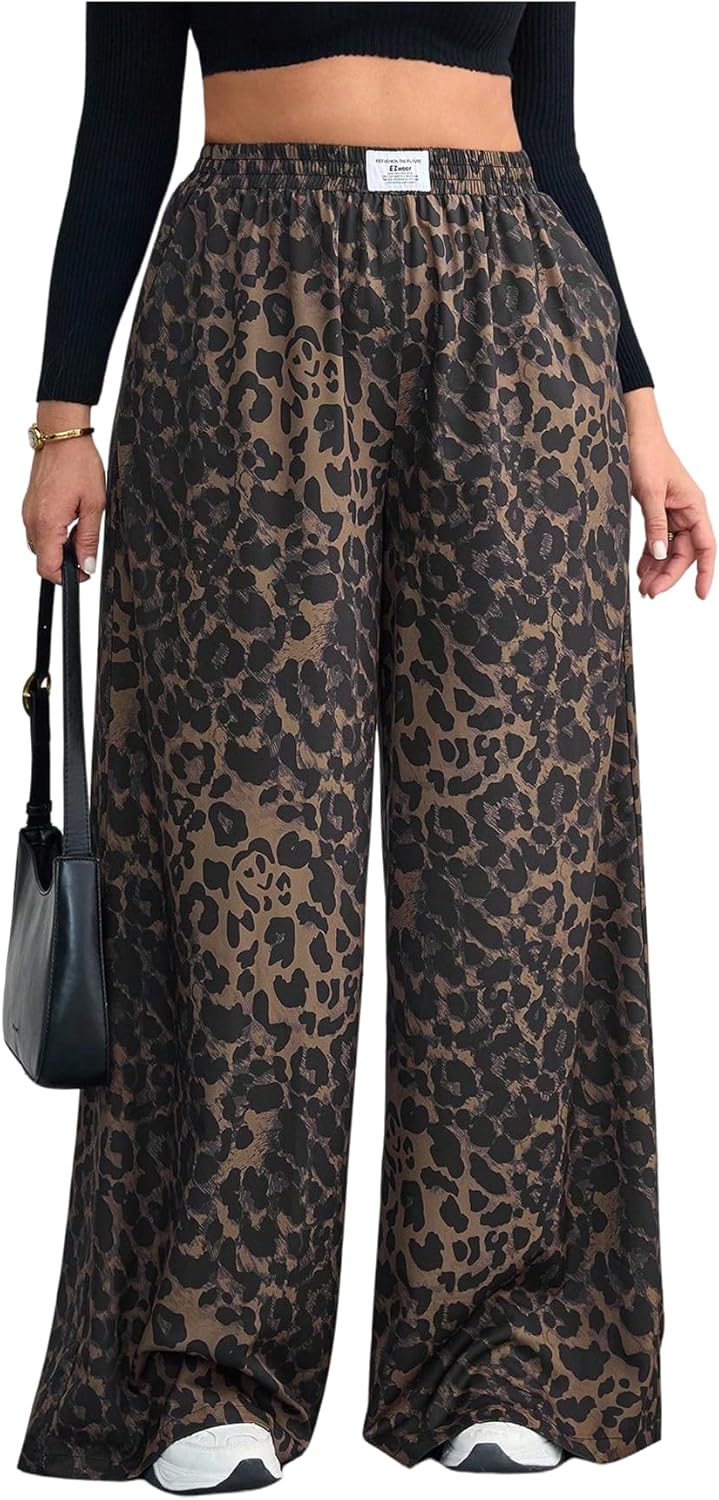 SOLY HUX Women's Plus Size Leopard Pants Cheetah Print High Waisted Baggy Wide Leg Pants Trousers with Pockets
