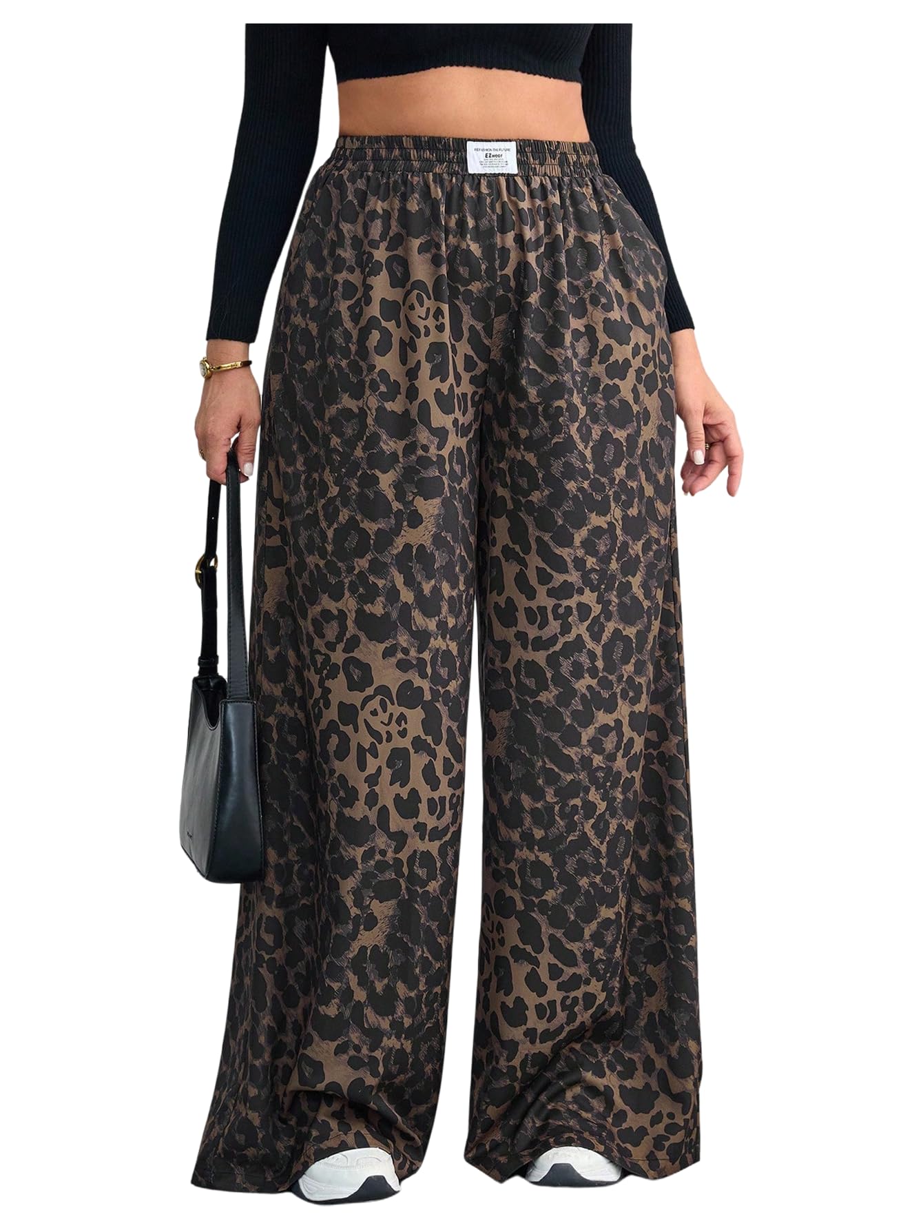SOLY HUX Womens Plus Size Leopard Pants Cheetah Print High Waisted Baggy Wide Leg Pants Trousers with Pockets