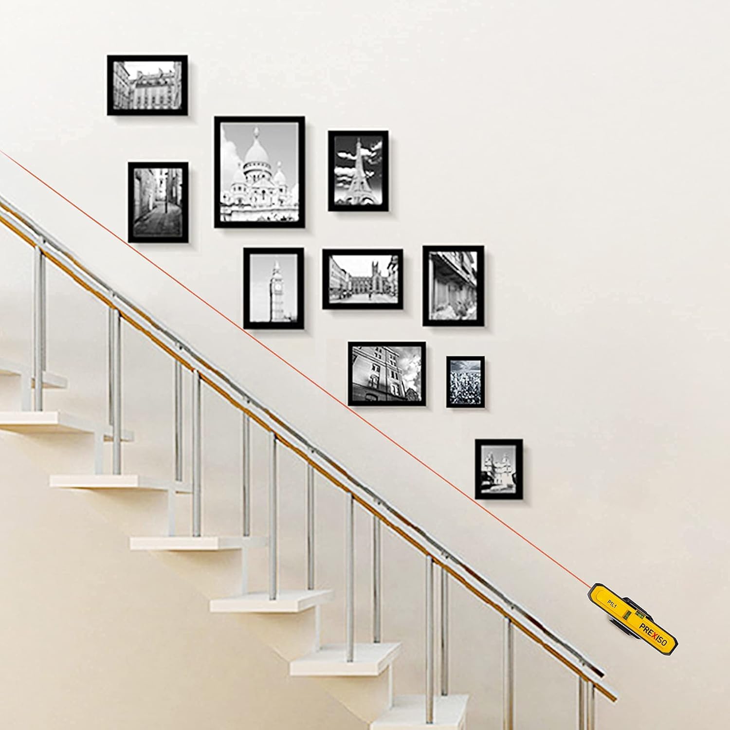 PREXISO P1L1 projecting a diagonal line along a staircase