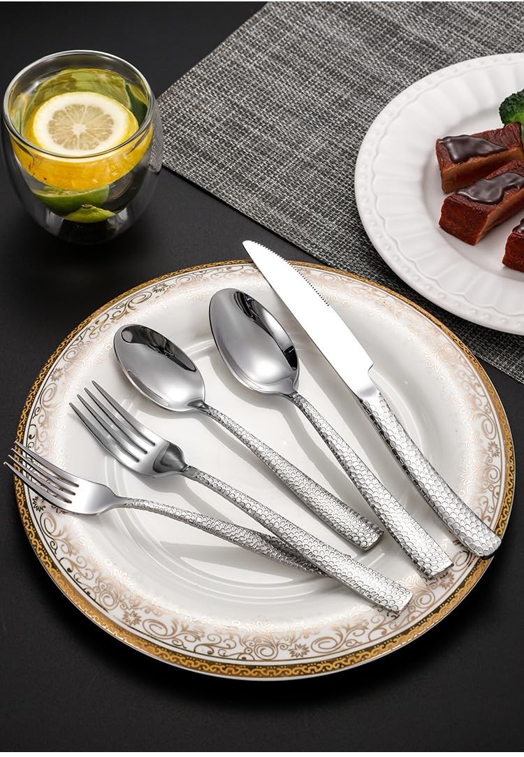 Cubiertos Acero Inoxidable 18/0 Martillado Dorado 4 Juegos | Cuchillo de mesa tenedor cuchara y cuchillo para carne con mango con diseño de serpiente