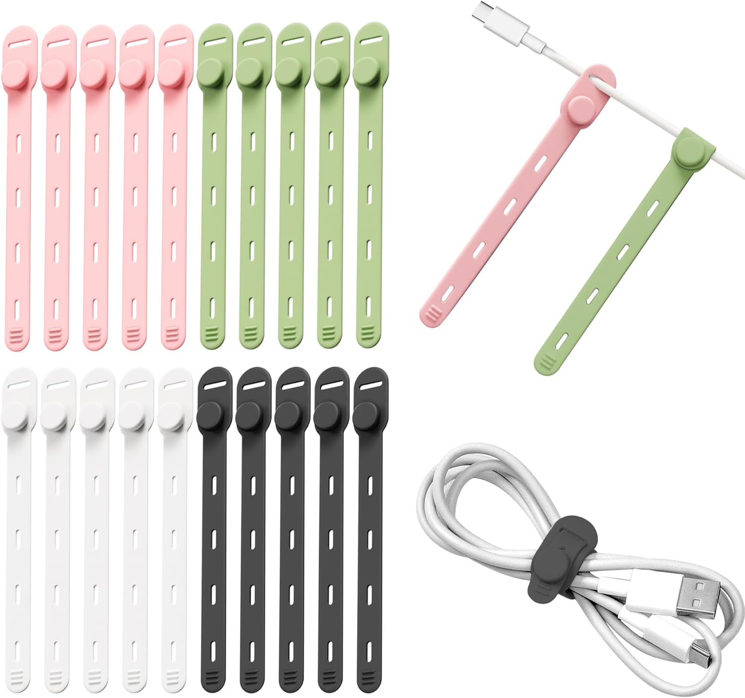 Nearockle 20Pack Silicone Cable Ties - [4 Adjustable Holes] Elastic Reusable Cord Organizer Management for Phone Charger Electrical Cords, Home, Office, Travel Essentials (Multicolor)