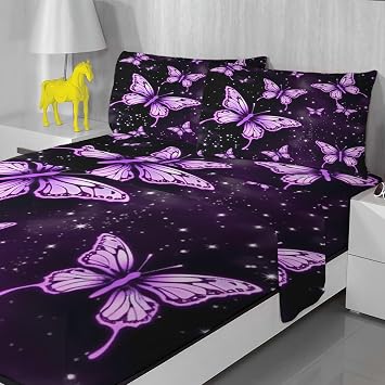 Butterfly Sheets Twin XL Size for Bedroom Decor, Purple Bed Sheets, Soft Breathable Winkle Free Microfiber & Deep Pocket Patterned Bedding Sheets & Pillowcases 3 Piece