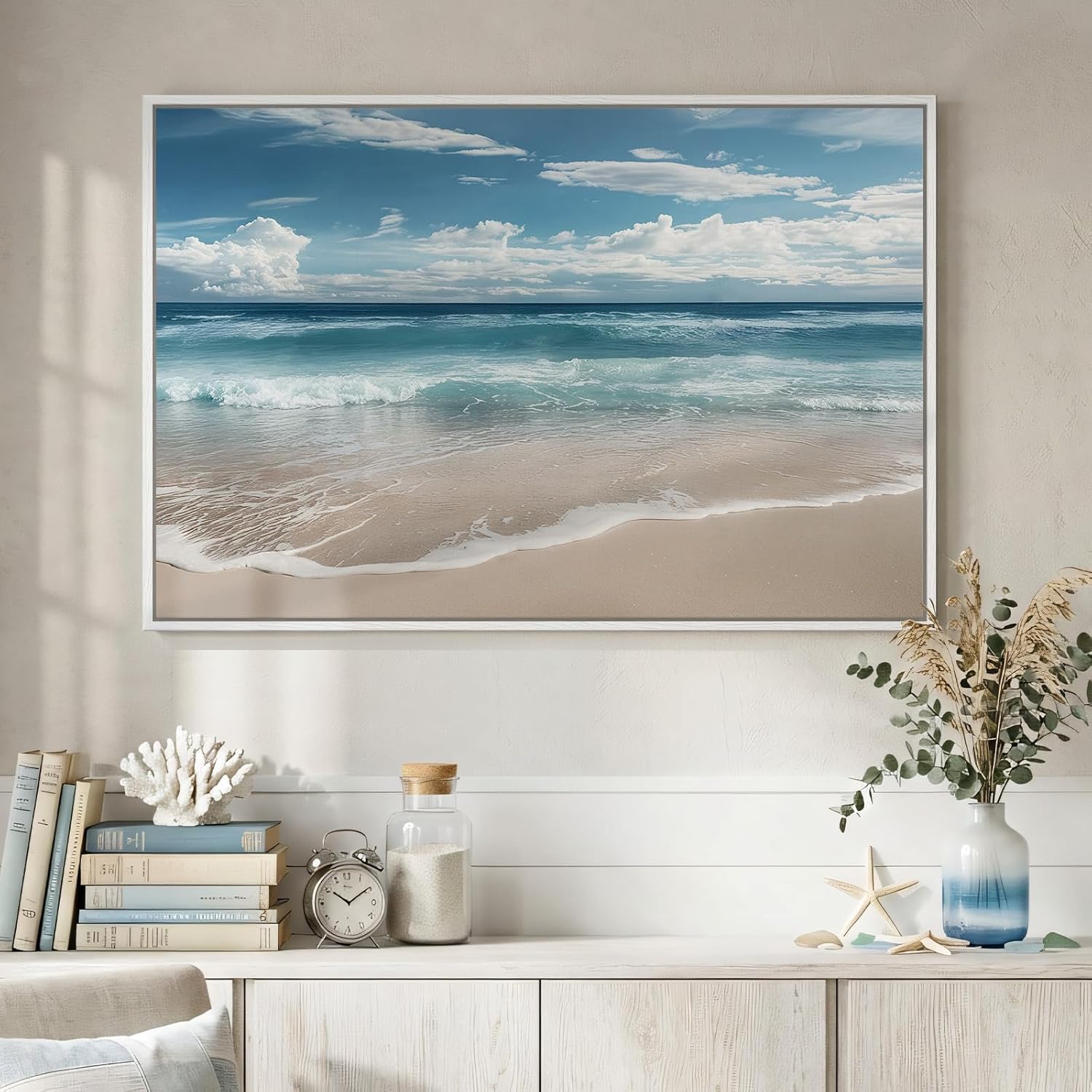 Framed Coastal Beach Wall Art for Room Decor, Blue Ocean Seascape Canvas Artwork for Walls, Nature Nautical Cozy Landscape Picture Print Beach House Wall Decor for Living Room Bedroom Hallway, 24x36