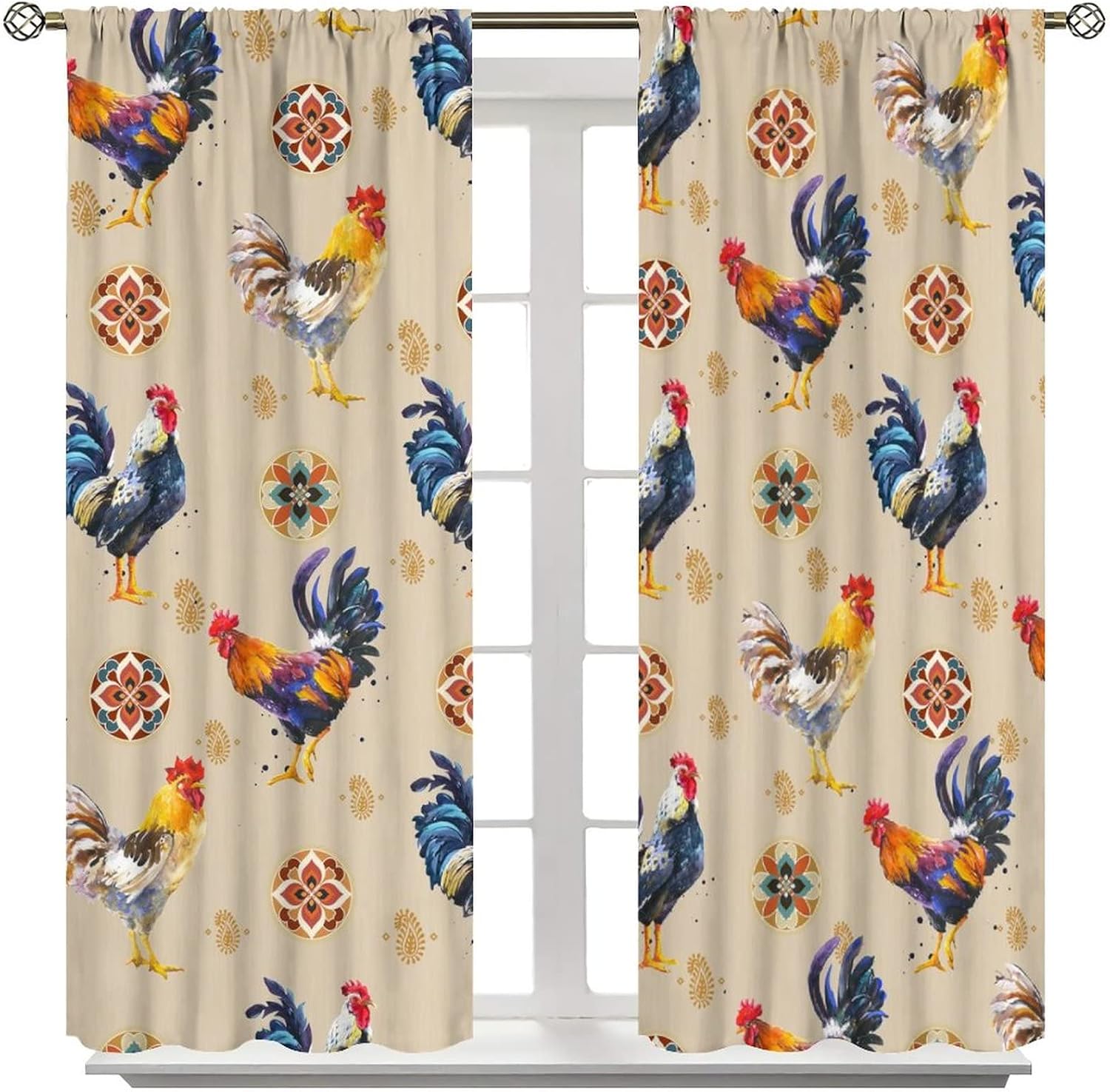 Cartoon Rooster Rod Pocket Blackout Curtains for Living Room,Room Darkening Vintage Watercolor Farmhouse Farm Chicken Bohemian Design Window Treatment Drapes,2 Panels 45L x 21W