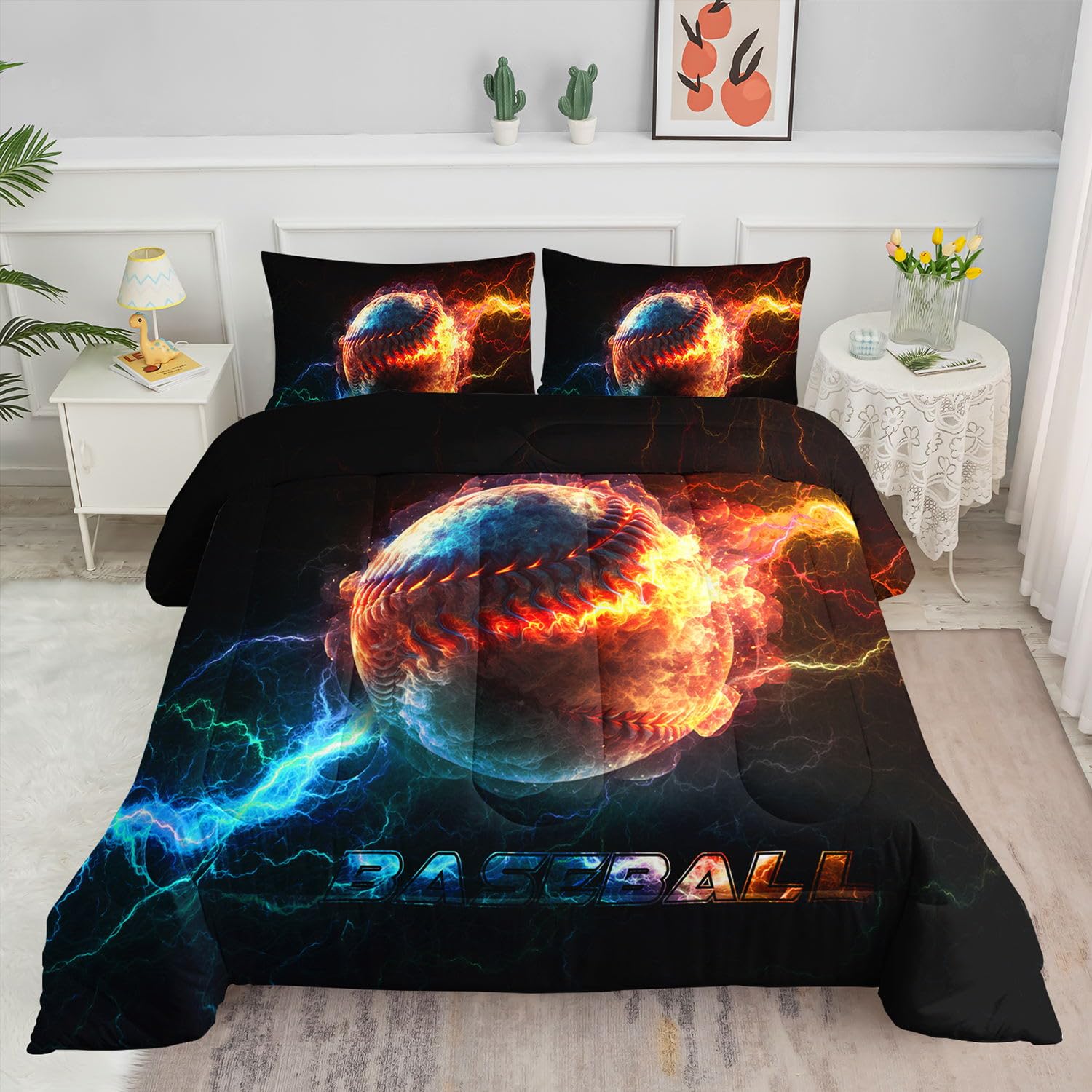 Datura home Kids Comforter Set Flame Baseball Printed Pattern Bedding Set with 1 Comforter and 2 Pillowcases for Girls Boys Bedroom All Season(Baseball1 Queen)