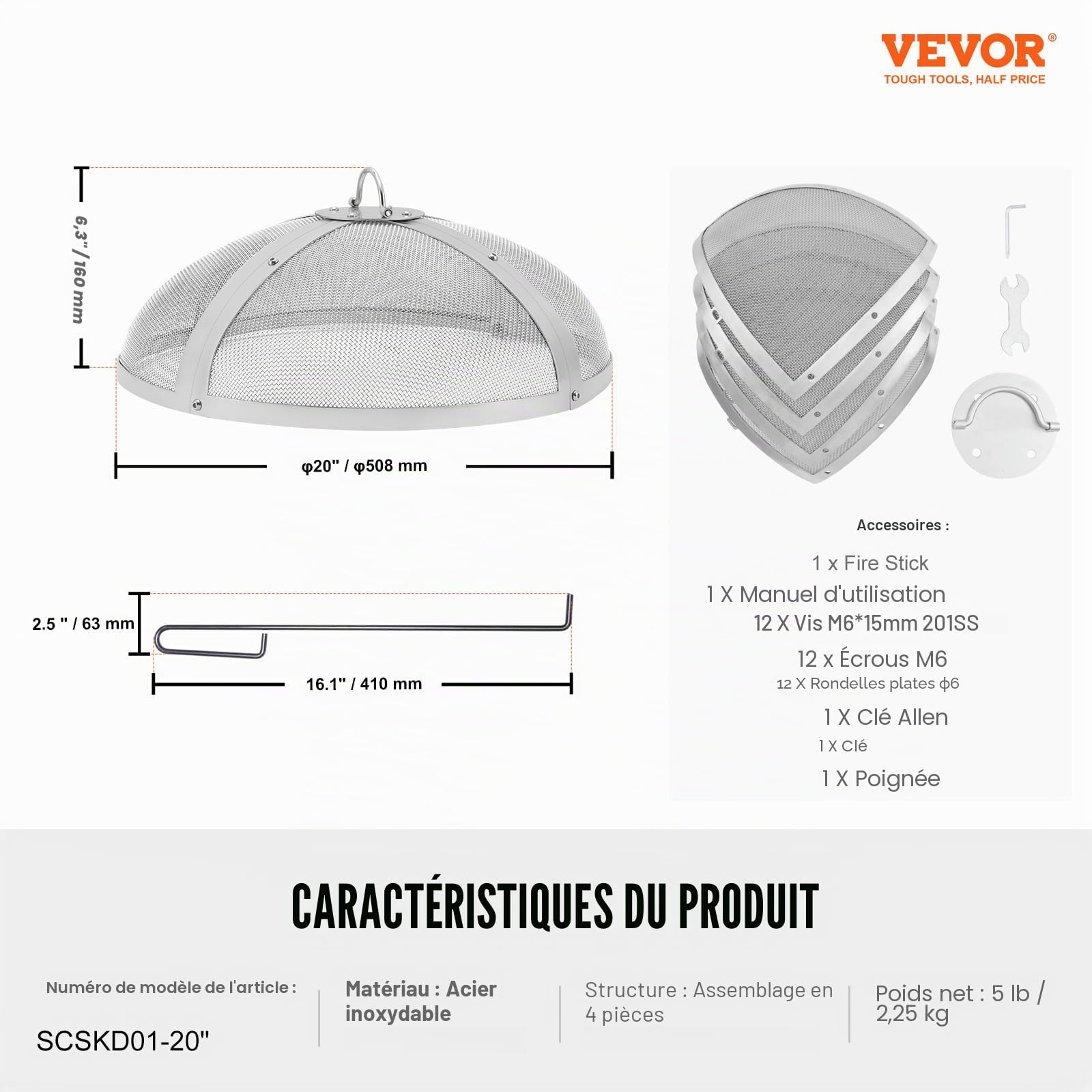 VEVOR Pare-étincelles pour Brasero Extérieur Rond 508 mm Couvercle Grille de Protection Contre Étincelles de Feu en Acier INOX Écran Pare-feu Ouverture Facile avec Accessoires pour Foyer, Patio, Cour
