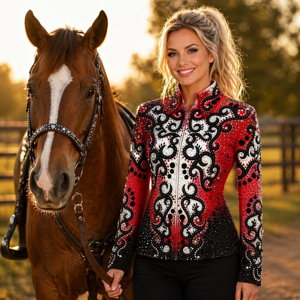 Women’s Western Show Jacket Red Black – Equestrian Riding Coat with Baroque Crystal Design