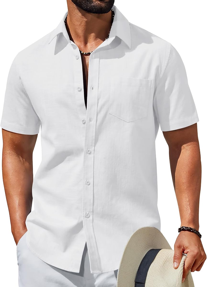 COOFANDY Men's Short Sleeve Button Down Shirts Summer Cotton Lyocell Linen Textured Casual Beach Shirts with Pocket