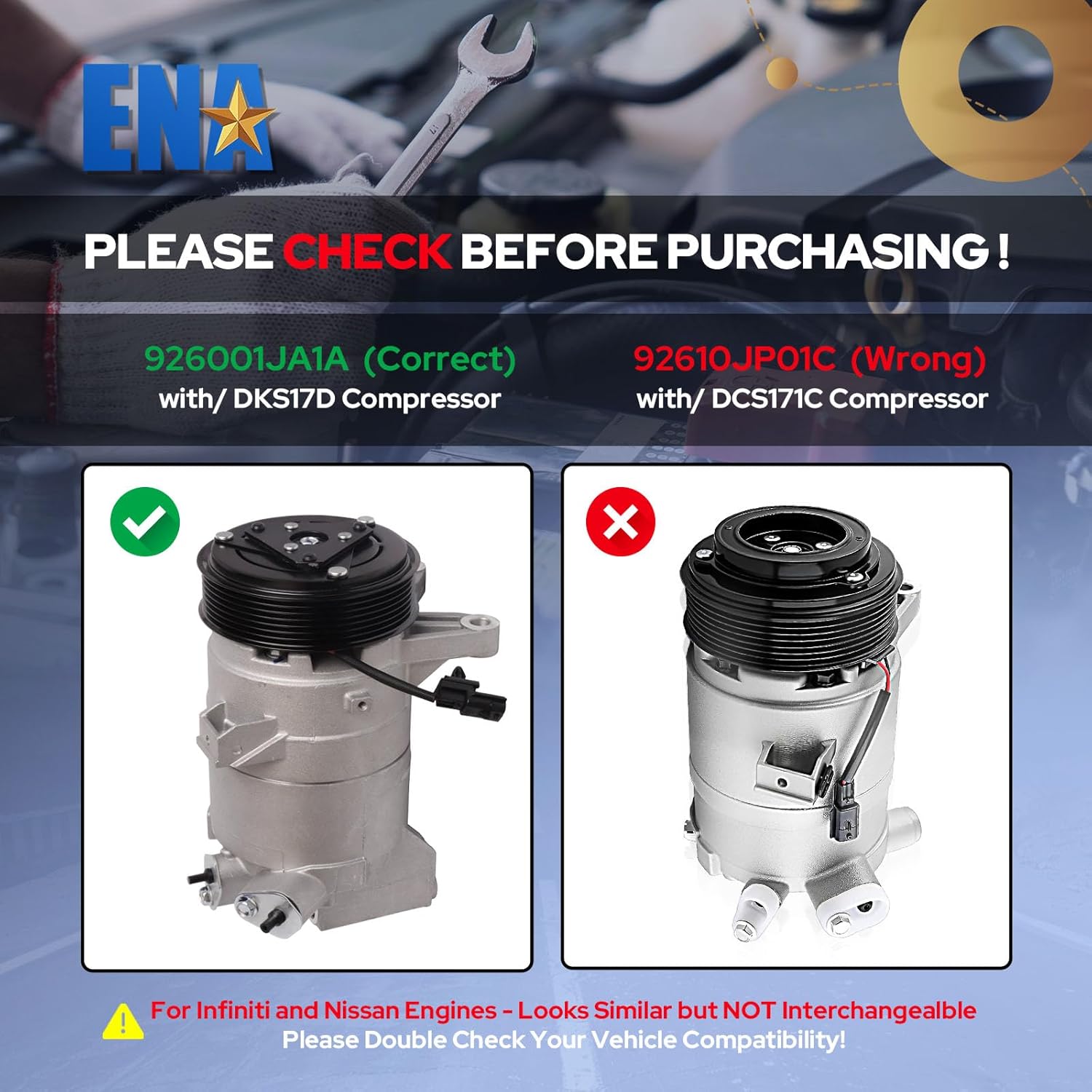 ENA Air Conditioner A/C Compressor with Clutch Compatible with Infiniti Nissan JX35 QX60 Maxima Murano Pathfinder Quest 2009-2019 2.5L 3.5L L4 V6 Replacement for 92600-1JA1A 92600-1JA0A