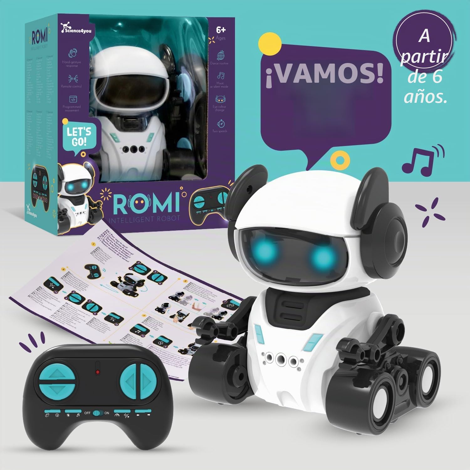 Science4you Robot Inteligente ROMI - Robot con Mando a Distancia para Niños con Ojos LED, Música y Cuatro Modos, Juguetes Interactivos, Regalo Original para Niños y Niñas de 6 7 8 9 10+