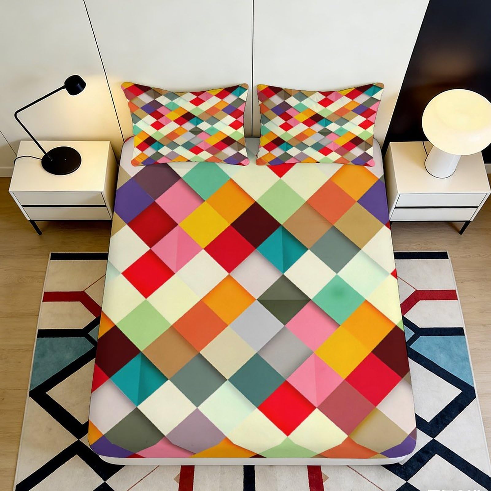 Jqzkxnhpbr Style-10 3D Printed Colorful Patchwork Fitted Sheet Microfiber Soft Geometric Pattern Bed Cover For Bedroom Dorm Mattress Protection Decor 90X200x25cm