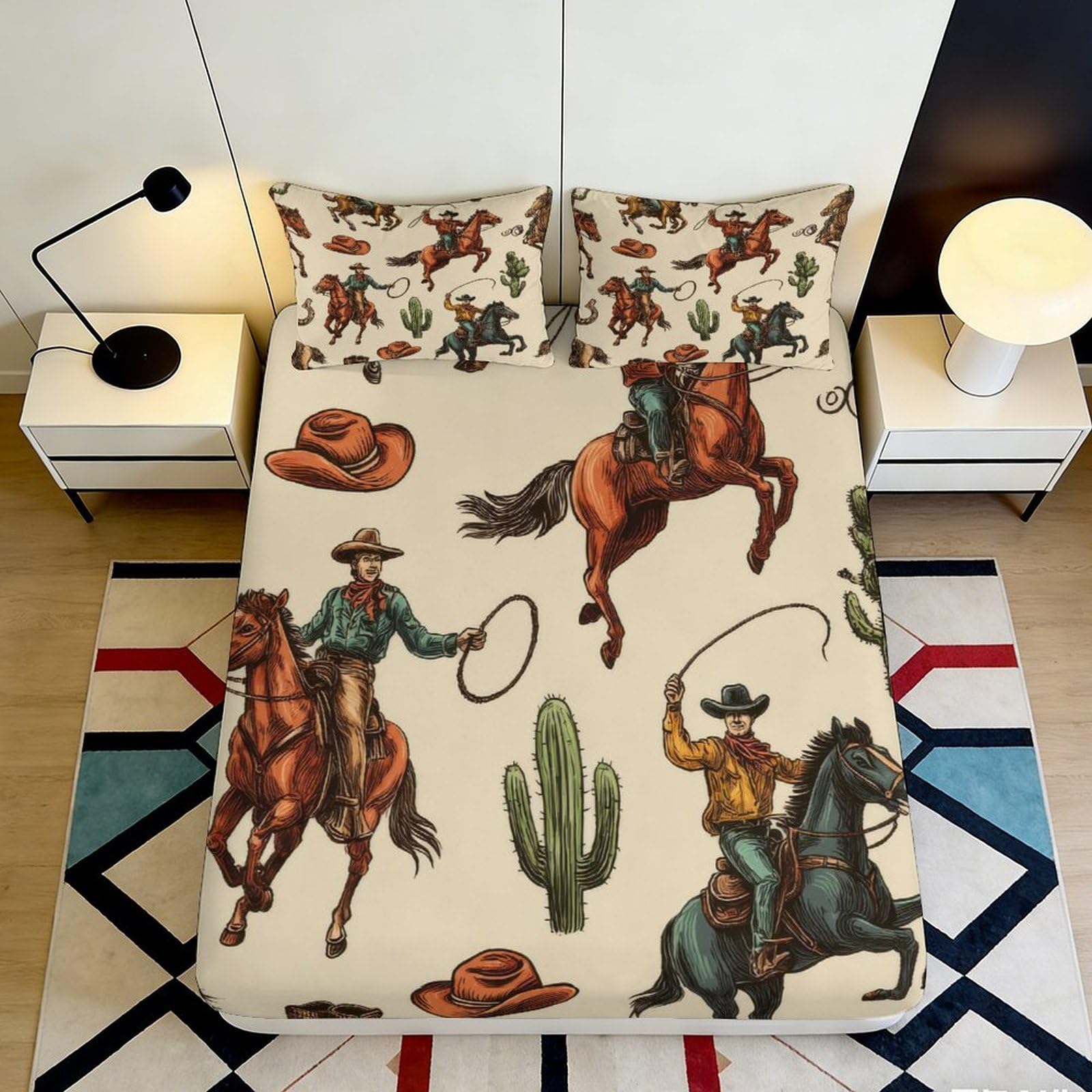 3D Printed Cowboy Horse Rodeo Fitted Sheet Microfiber Anti-Slip Western Cactus Mattress Cover Bedroom Guestroom Decor 90x200x25cm
