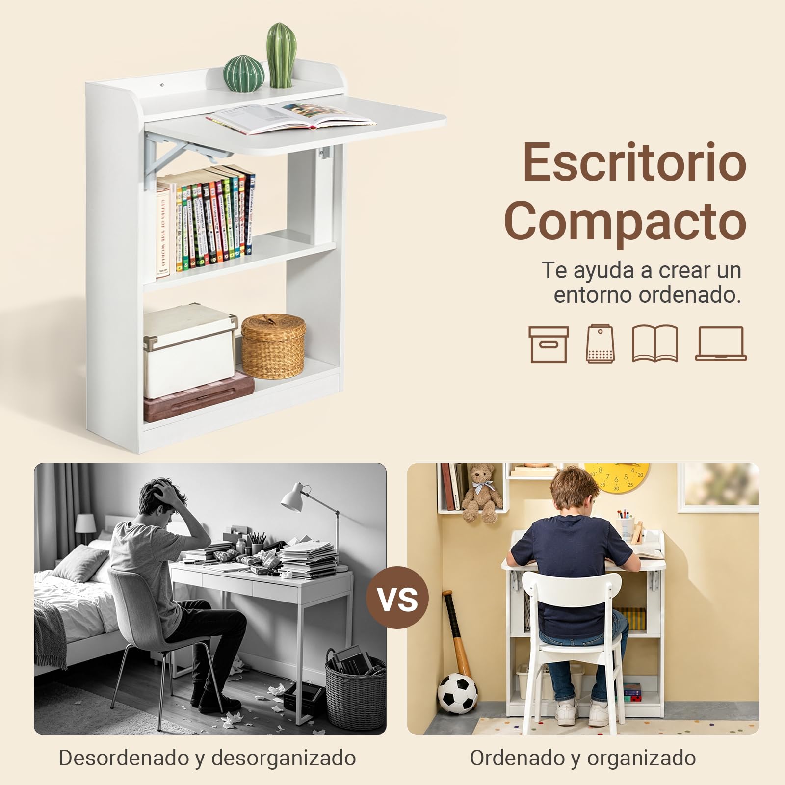 SoBuy Mesa Escritorio Mesa Gaming Plegable para Ordenador Escritorio Pequeño con Estantes de Almacenamiento Standing Desk con Almacenaje Blanco 64x58x82cm FWT92-W
