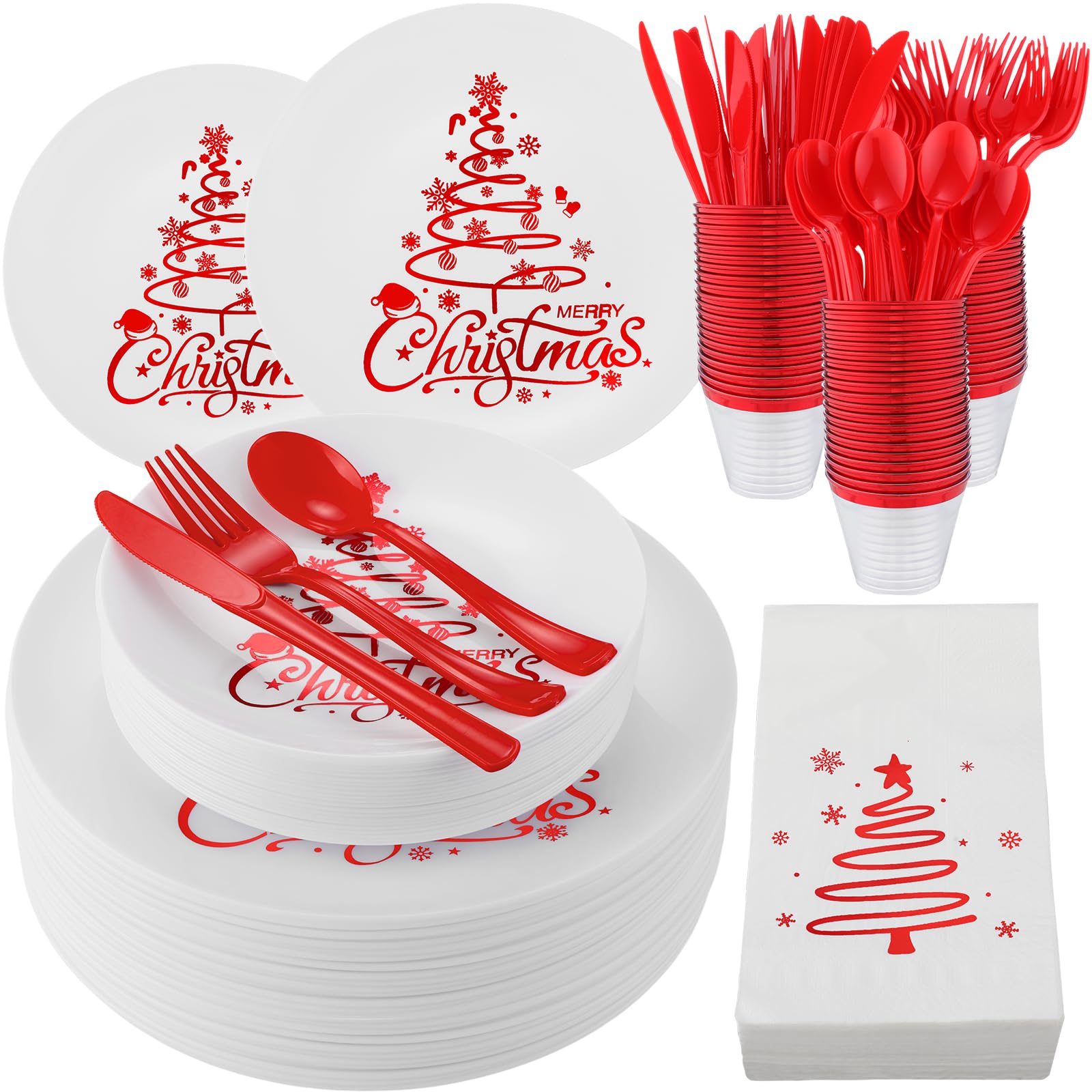 (incomplete) Shellwei 280 Pcs Christmas Plastic Dinnerware Set, Xmas Disposable Plates Includes 40 Dinner Plates 40 Cups 40 Dessert Plates 40 Christmas Paper Napkins 40 Forks Knives Spoons Supplies for Christmas