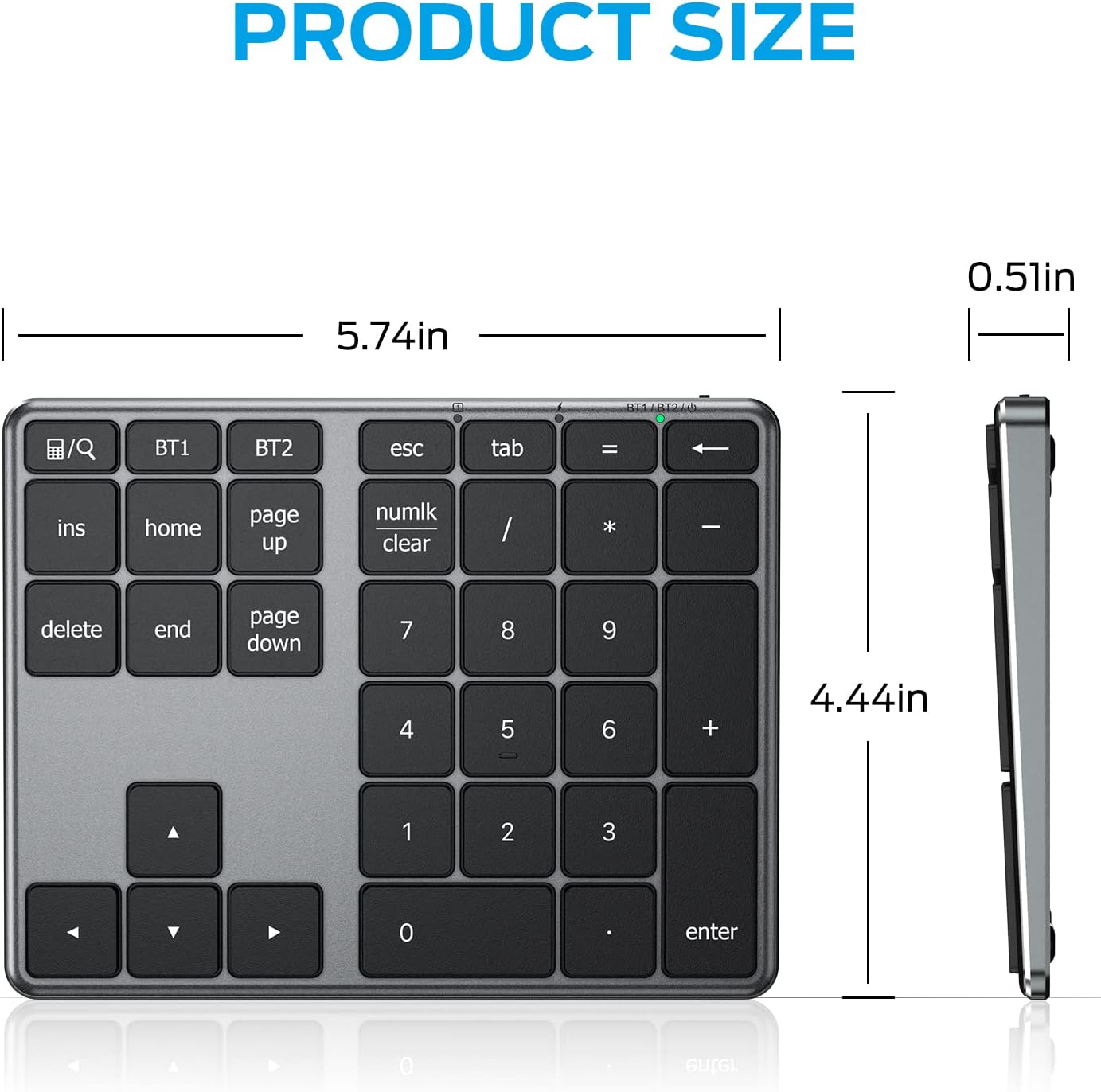 Dimensions of the iClever KP10 Number Pad: 5.74 inches length, 4.44 inches width, 0.51 inches height