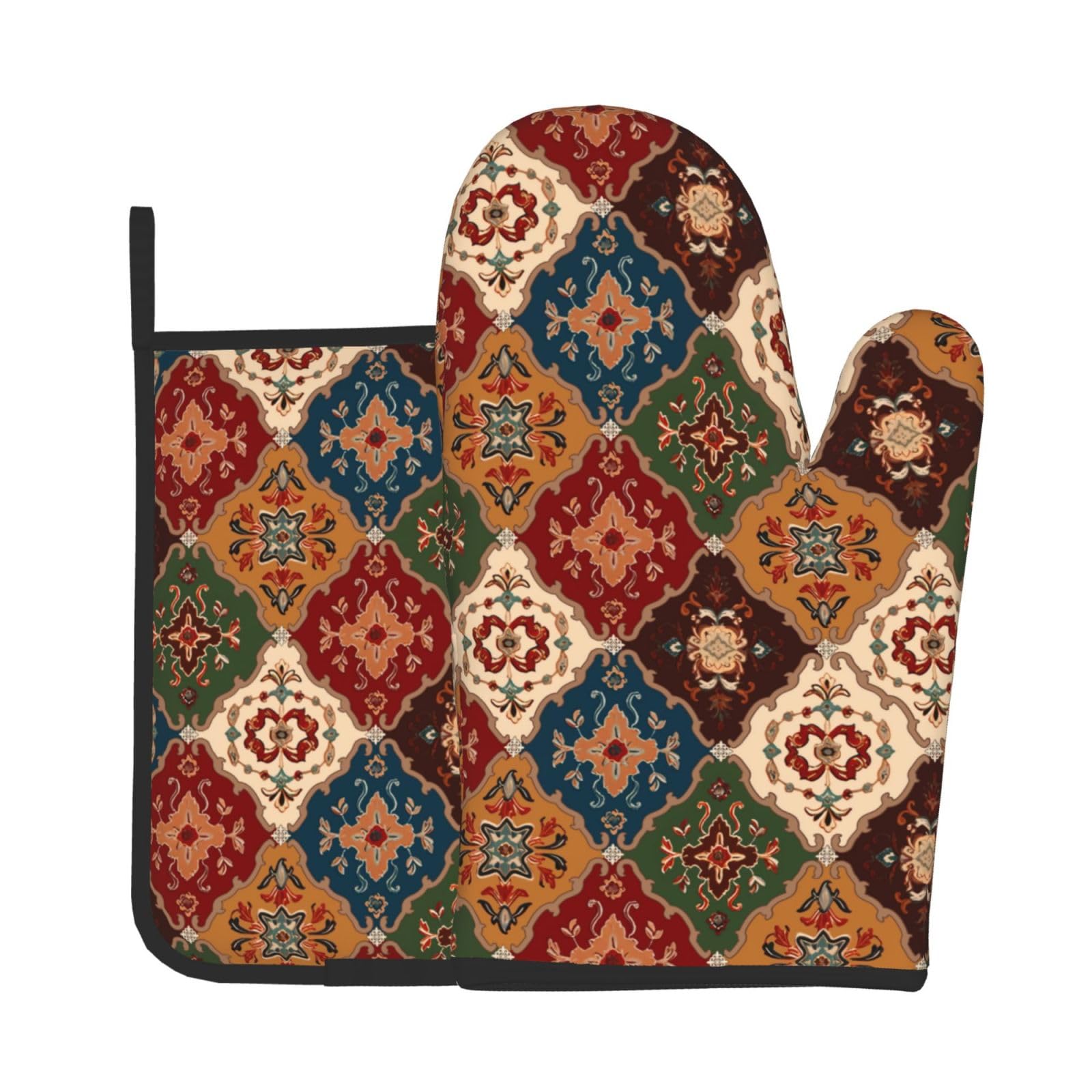 Red Boho Oven Mitts and Pot Holders Sets - Vintage Bohemian Kitchen Mitts Potholders 2 Pack Heat Resistant Retro Patterned Oven Gloves Hot Pads for Kitchen Baking Grilling Party