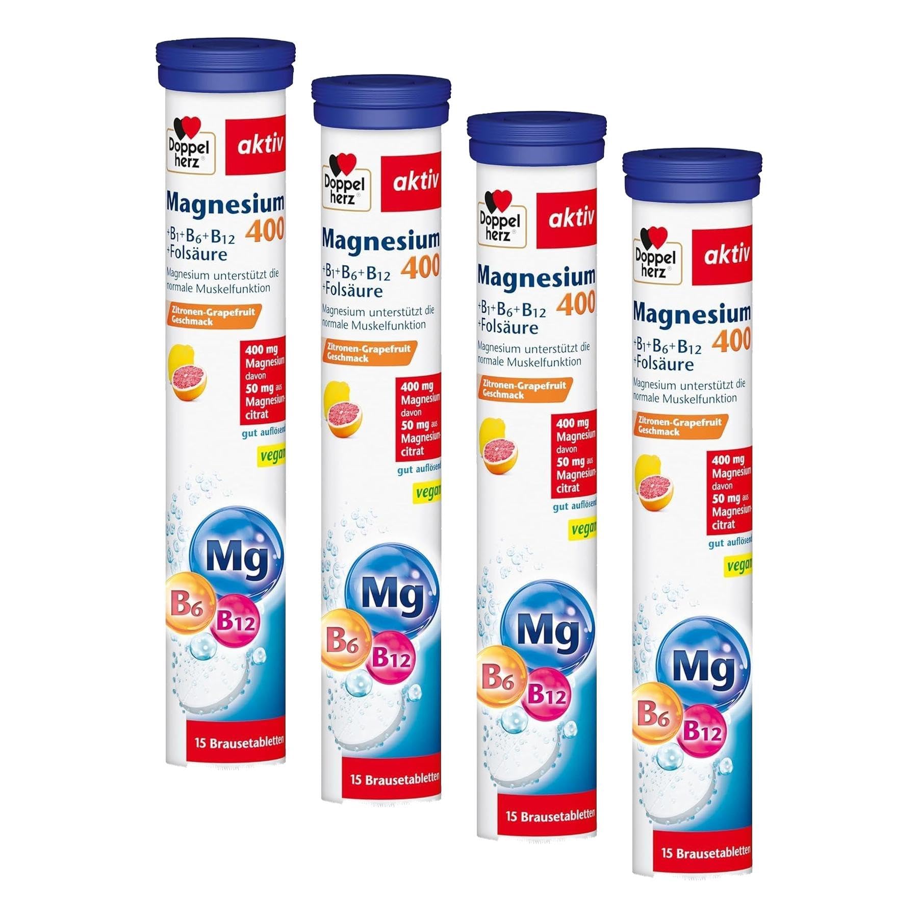 Doppelherz Magnesium 400 + B1 + B6 + B12 + Folsäure - Magnesium als Beitrag für die normale Muskelfunktion - vegan - 15 Brausetabletten mit Zitronen-Grapefrucht-Geschmack (Packung mit 4)