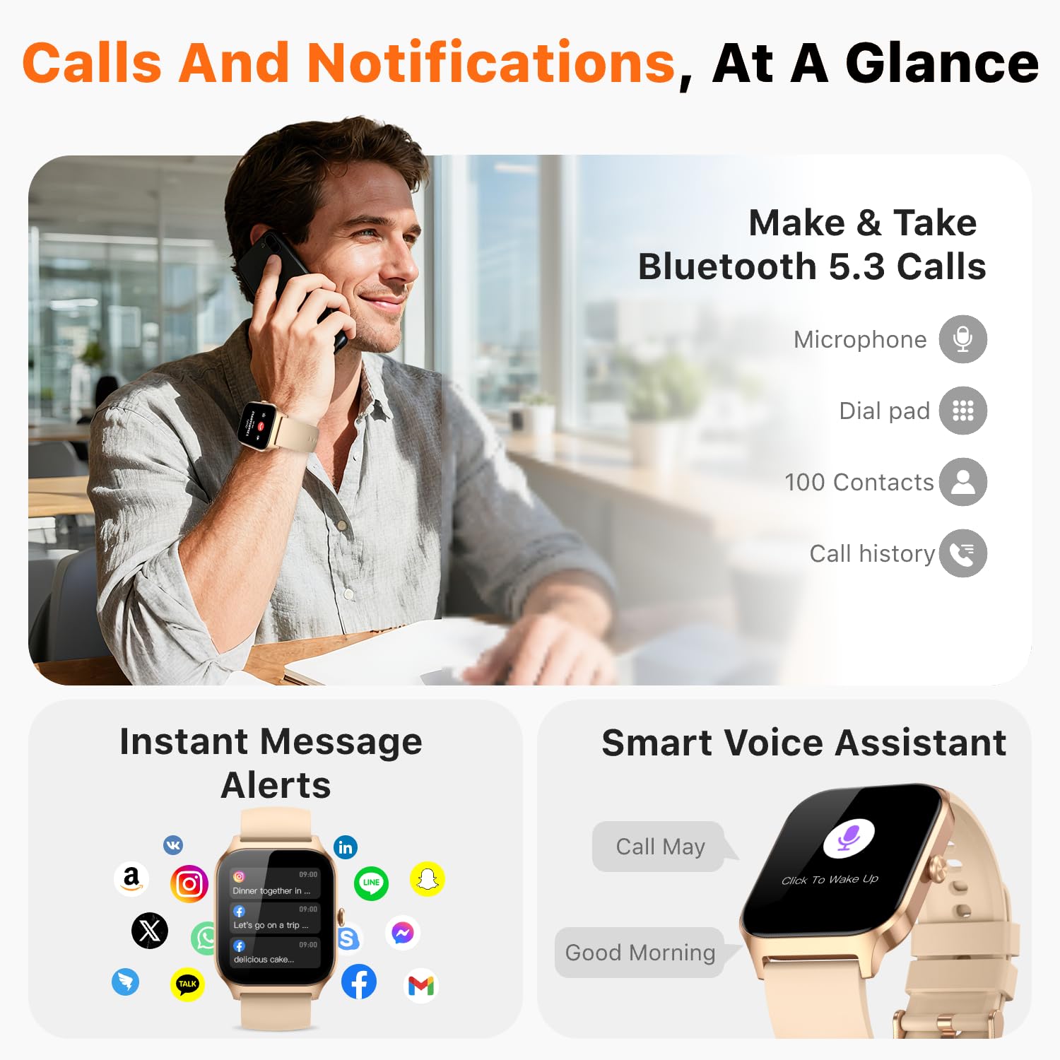 Kriutefy Smart Watch for Women Men - Answer/Make Call, Fitness Tracker Smartwatch for Android iPhone Compatible, Sleep Female Cycle, 120+ Sports Modes Step Counter (Champagne Gold, 2 Straps) - 3