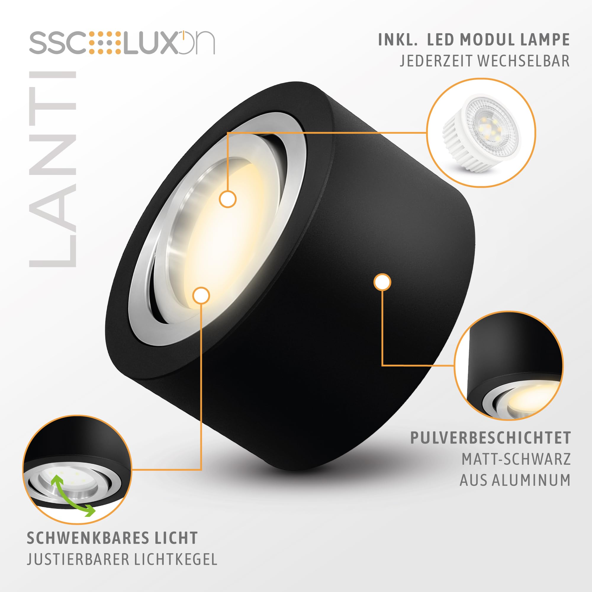 SSC-LUXon Juego de 3 focos LED redondos, color negro, orientable, extraplano, diámetro de 90 mm, incluye módulo LED de 5 W, blanco cálido, 230 V