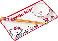 Vista 20 de Silver Buffalo Sanrio Hello Kitty - Juego de sushi de cerámica con lazo rojo y blanco con plato de salsa y palillos a juego