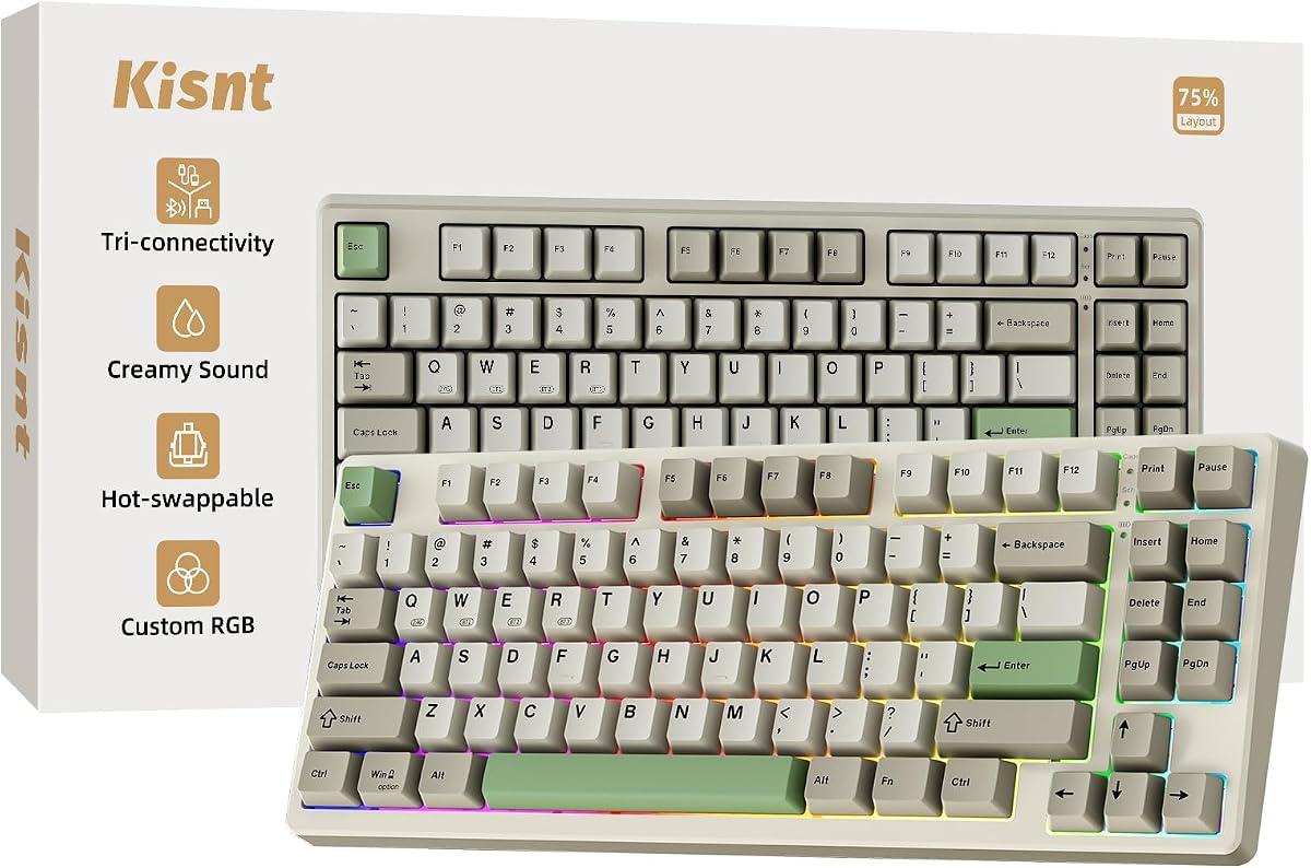 Kisnt KN85 Wireless Mechanical Keyboard, 75% Layout, Bluetooth/2.4GHz/USB-C, Custom RGB Backlit, Hot-Swappable Linear Switch, Creamy Sound for Gaming/Typing (Industrial Gray)