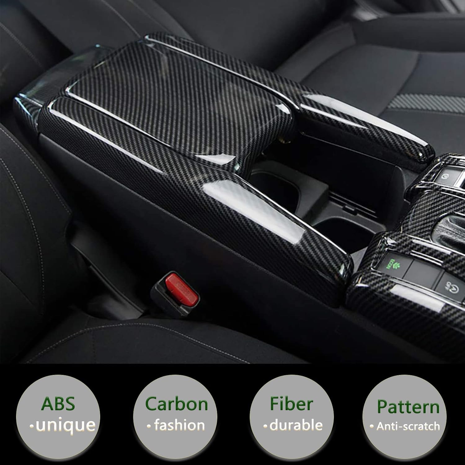 Center Console Trim Cover Compatible with Honda Civic 10th Generation 2016-2021 Center Armrest Box ABS Black Carbon Fiber (3Pcs)
