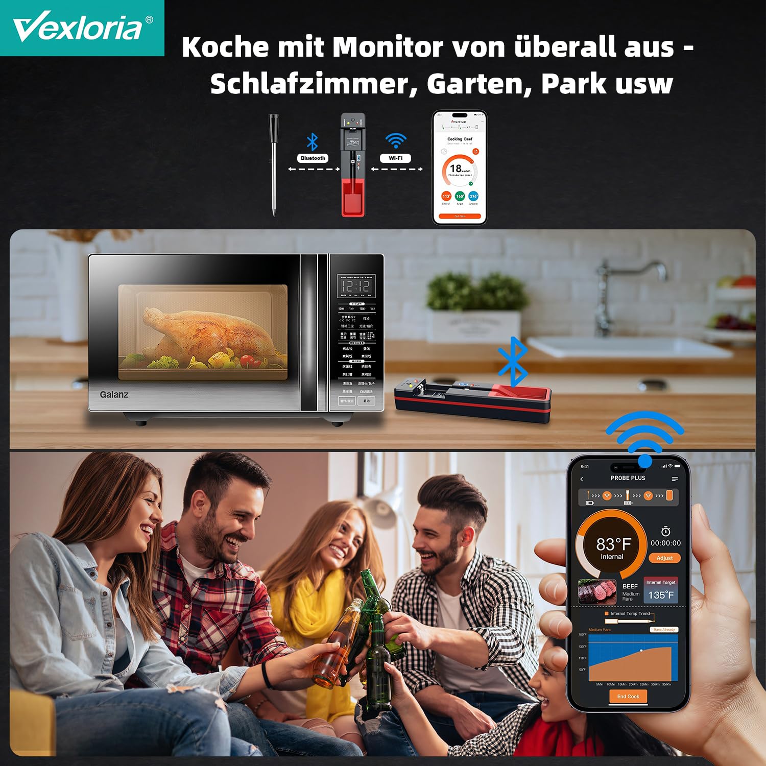 Vexloria Termometro Cucina, Termometri Per Alimenti, Wireless Bluetooth Termometro Da Cucina, Con App Intelligente Cucinare A Lunga Distanza Termometro, Per Forno, Griglia, Cucina, Barbecue